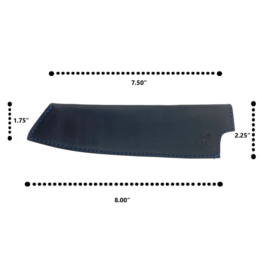 Dimensions of Hide & Drink's blue Chef Knife Sheath made with Thick Full Grain Leather for 180mm blade protection; reflecting artisan craftsmanship and small batch production.