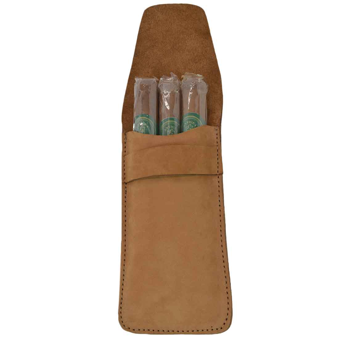 Hide & Drink Cigar Holder showcasing a slim leather design, ideal for three 50 ring cigars. This classic all-purpose holder is handcrafted from full grain leather, emphasizing small batch artisan production made in La Antigua Guatemala.