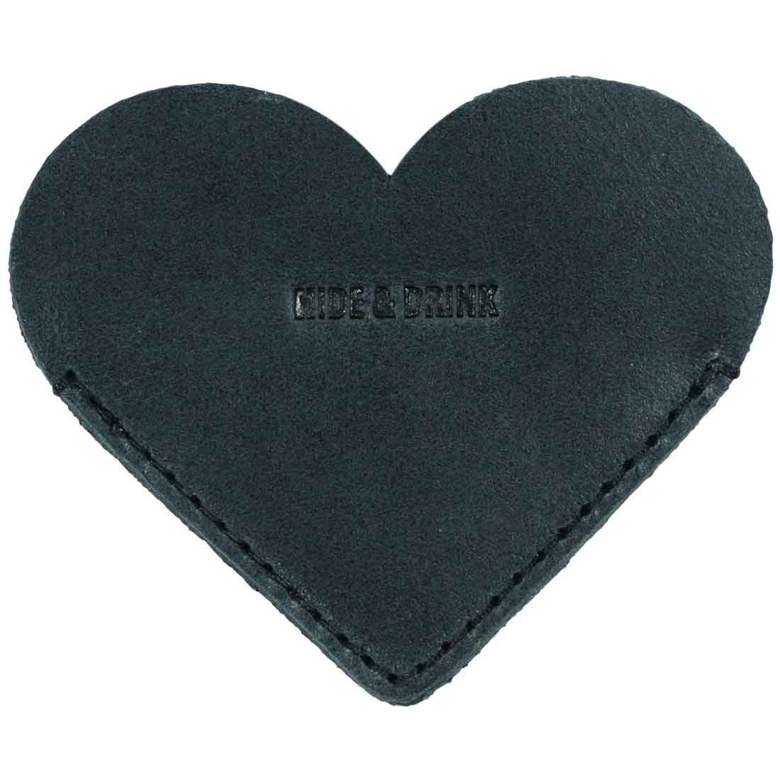 Flat view of a black Leather Corner Heart Bookmark (2 pack) by Hide & Drink, featuring a smooth surface of Full Grain Leather. This artisan item is handcrafted in La Antigua Guatemala and Oaxaca Mexico, emphasizing small batch production and hand sewn quality.