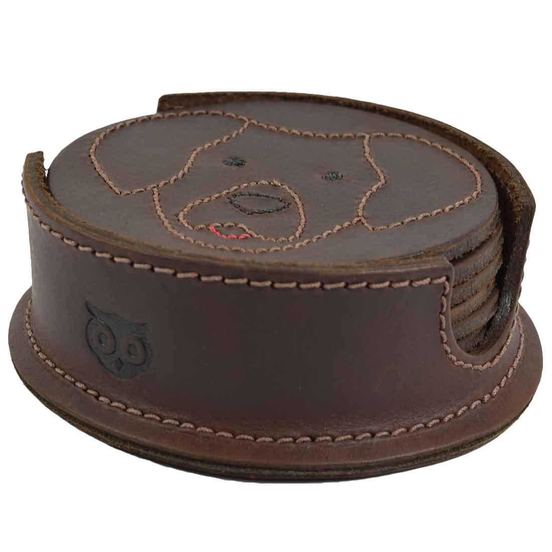 The Labrador Doggy Classic Shaped Coaster Set (6-Pack) by Hide & Drink displays the coasters neatly arranged in a holder, featuring adorable Labrador Retriever designs. Crafted from full grain leather, these handcrafted coasters are perfect for protecting your tables while showcasing your love for dogs. Labrador Retriever Doggy/Animal Farm Classic Shaped Coasters (6-Pack) Full Grain Leather, StockyardX, Small Batch Production, Handmade in La Antigua Guatemala & Oaxaca Mexico.