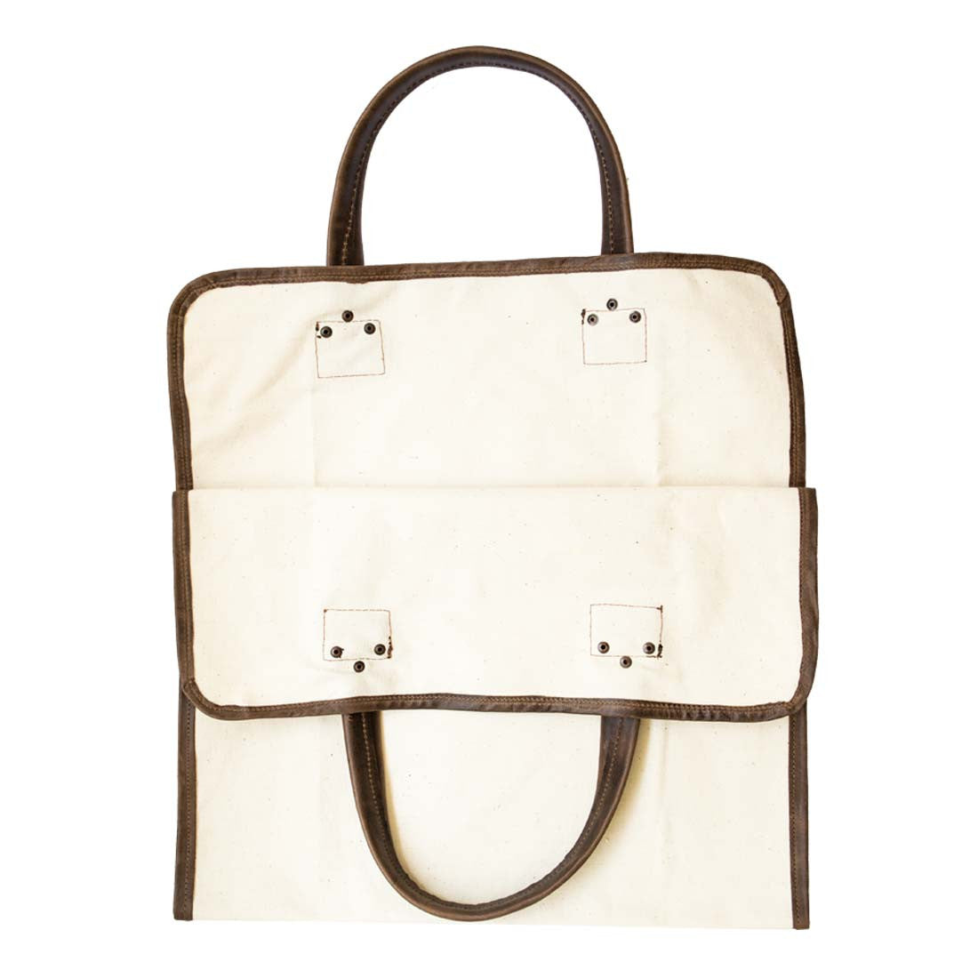 Hide & Drink Firewood Bag displayed flat, highlighting craftsmanship with its leather accents and strong canvas material. Firewood Bag With Leather Liner, Full Grain Leather, StockyardX, Small Batch Production, Hand Cut, Hand Sewn, Fire Branded, Artisan, Handmade in La Antigua Guatemala & Oaxaca Mexico.