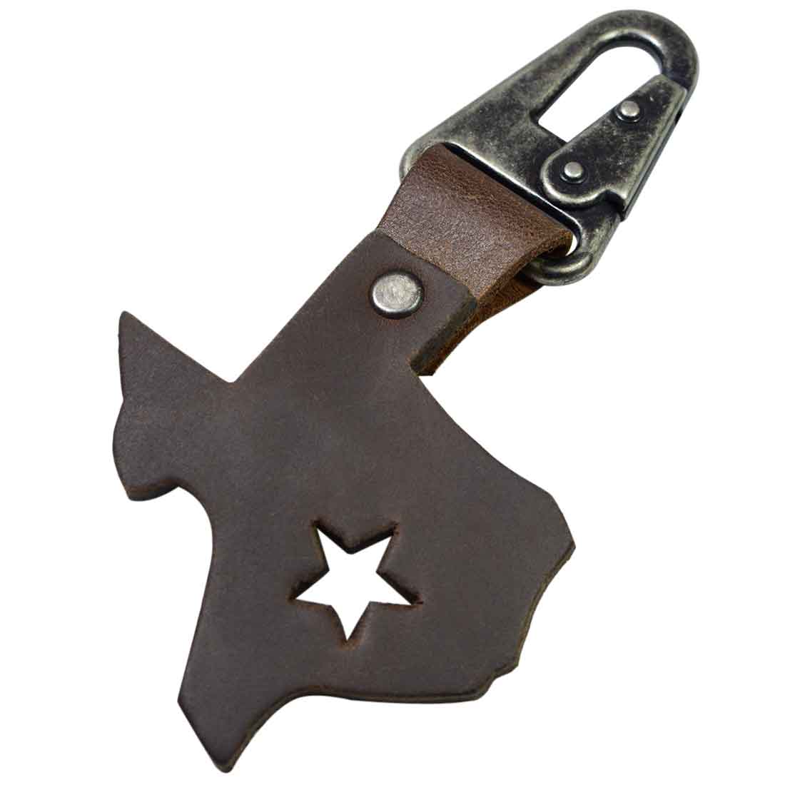 Close-up view of the Texas Keychain Holder by Hide & Drink, highlighting the unique Texas shape crafted from thick full grain leather with a star cutout. This artisanal key chain is a perfect Texas souvenir showcasing small batch production techniques.