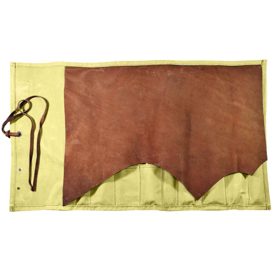 Hide & Drink's Knife Roll (10 Pockets) displayed open, made with rugged water resistant canvas and waxed canvas paired with full grain leather. This small batch production travel knife case is perfect for storing essential culinary tools, showcasing the quality of artisan craftsmanship in La Antigua Guatemala & Oaxaca Mexico.