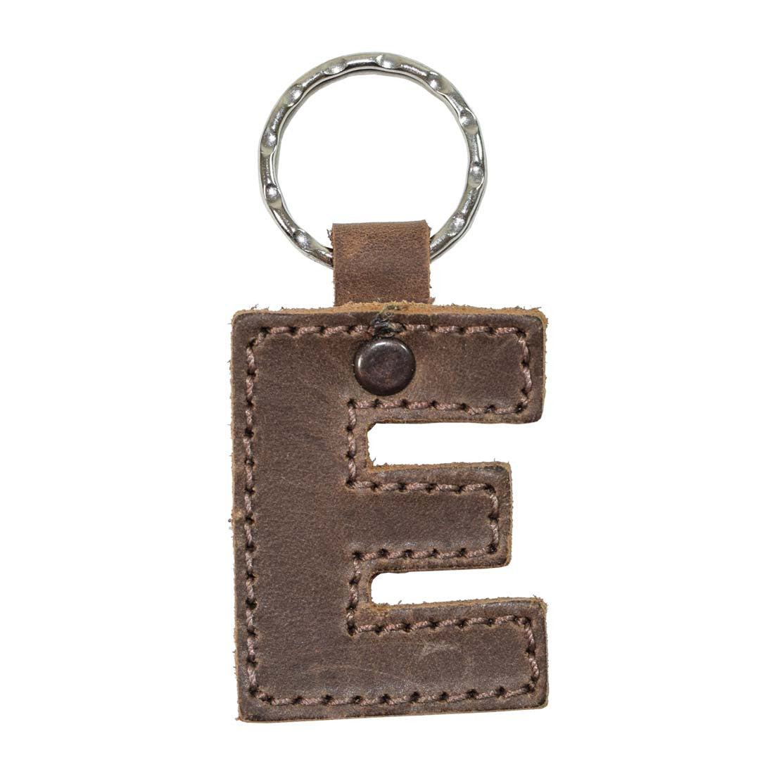 Charming 'E' Alphabet Letter Keychain from Hide & Drink, made from thick leather to ensure durability. Ideal for personalizing your keyring, crafted artisanally in La Antigua Guatemala.
