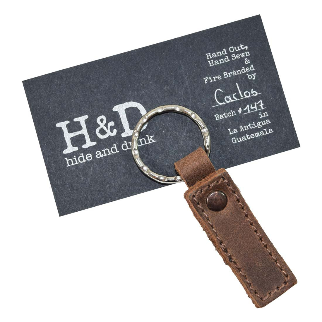 Unique 'M' Alphabet Letter Keychain from Hide & Drink, constructed in thick leather for durability. Handcrafted in La Antigua Guatemala, ideal for unique key personalization.