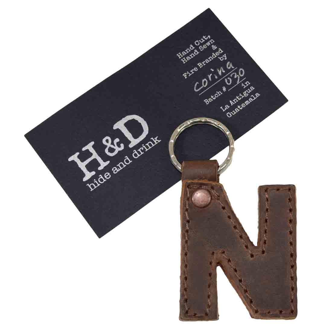 Stylish 'W' thick leather Alphabet Letter Keychain from Hide & Drink, designed for durability and personalization. Handmade in La Antigua Guatemala by skilled artisans.