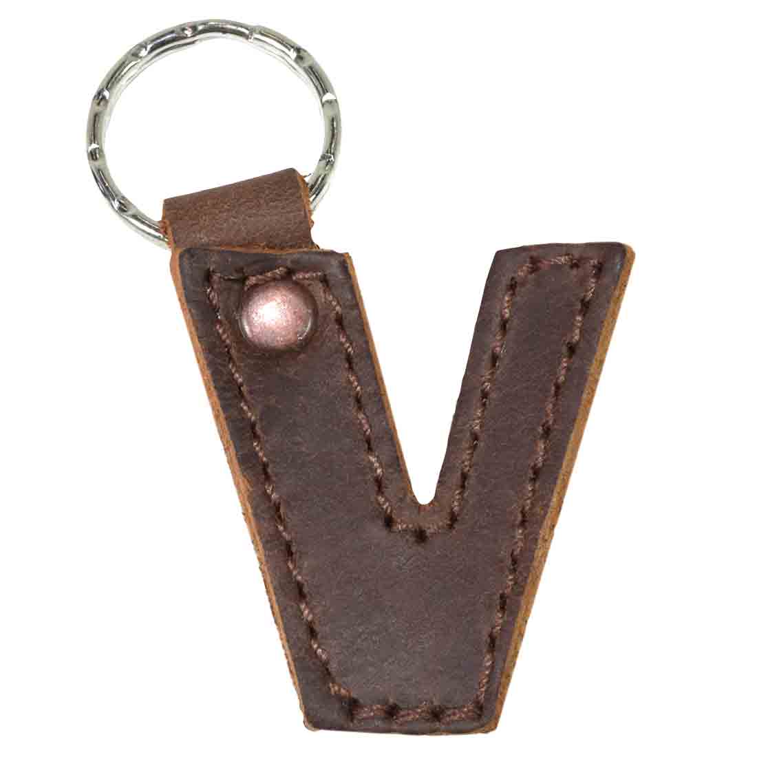 Letter V showcased in a thick leather Alphabet Letter Keychain by Hide & Drink. This piece made from Full Grain Leather exemplifies the artisan craftsmanship of small batch production from La Antigua Guatemala.