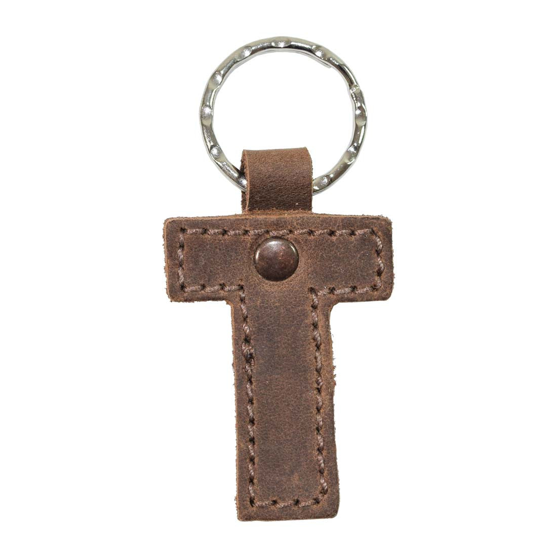 Letter T displayed in thick leather Alphabet Letter Keychain by Hide & Drink. This sturdy keychain made from Full Grain Leather illustrates artisan craftsmanship through small batch production from La Antigua Guatemala.