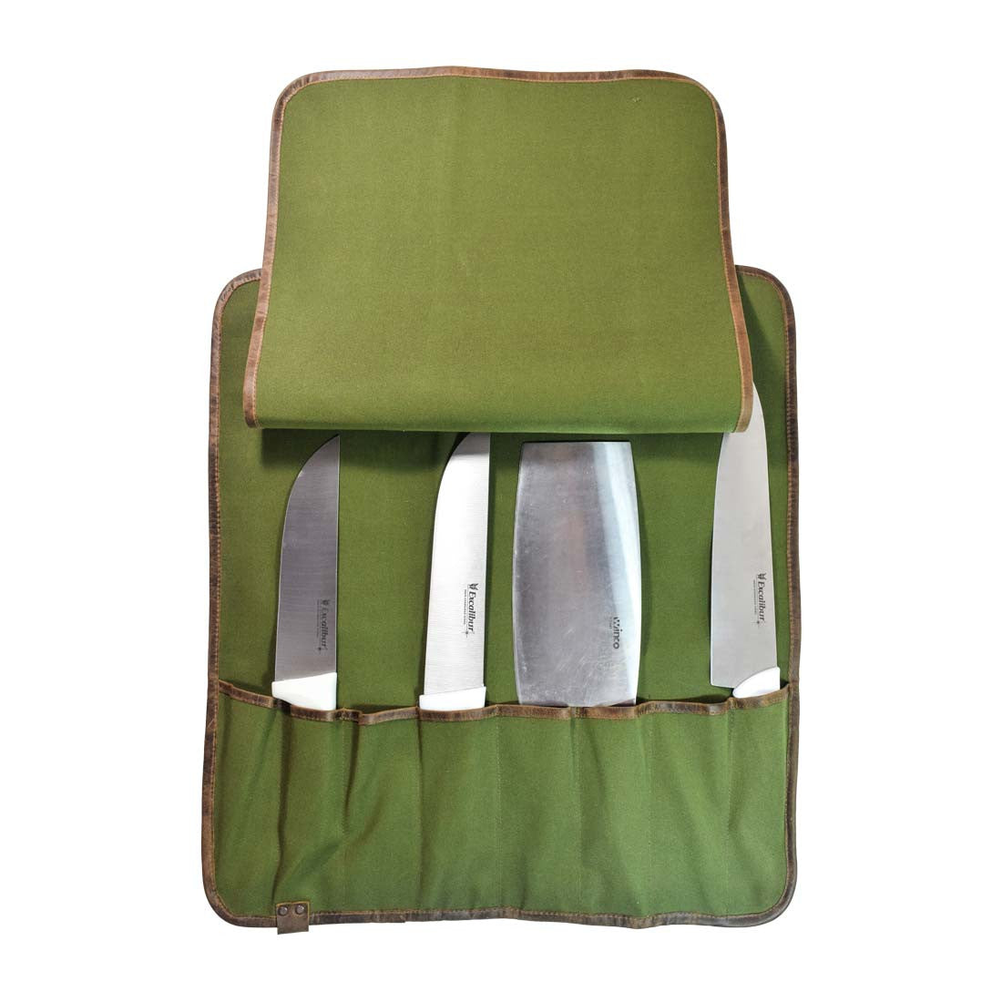 Interior view of Hide & Drink Knife Roll With Water Resistant Lining (8 Pockets) displaying knife slots. This Chef's Knife Roll Bag (8 Pockets) serves as a portable knife organizer for your cooking accessories. Artisan crafted for travel needs.