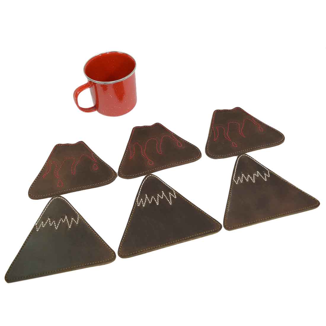 A collection of six Fire & Ice Volcano Mountains Set Coasters from Hide & Drink, included in the Landscape Coasters Set (6-Pack). Made from durable Full Grain Leather, these hand cut and hand sewn coasters are perfect for elevating your tabletop decor, reflecting the artisan craftsmanship of La Antigua Guatemala & Oaxaca Mexico.