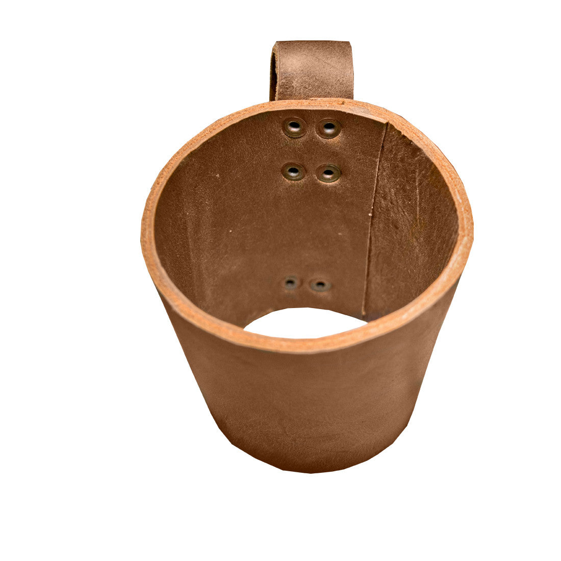 Top view of the Pint Sleeve with Handle by Hide & Drink, highlighting its exquisite design made from Full Grain Leather. This Handmade piece features artisan craftsmanship through Small Batch Production, ensuring quality for a perfect bar pub experience.