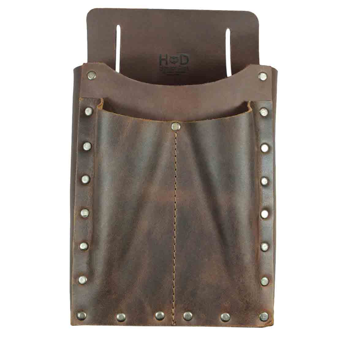 2-Pocket Tool Bag by Hide & Drink made of thick full grain leather, showcasing a rustic design ideal for holding tools. This handmade organizer highlights small batch production techniques, featuring hand cut and hand sewn craftsmanship, originating from artisans in La Antigua Guatemala & Oaxaca Mexico. Perfect for organizing your work essentials, this tool pouch serves as a reliable multitool holder.