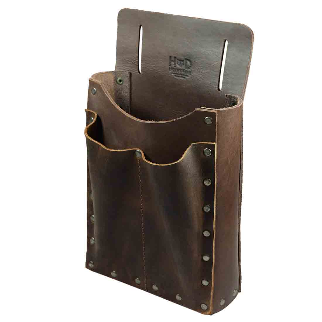 The 2-Pocket Tool Bag by Hide & Drink featuring a side view that reveals its dual compartments, crafted from thick full grain leather. This handmade tool pouch is a testament to small batch production, with every piece being hand cut and hand sewn by artisans in La Antigua Guatemala & Oaxaca Mexico. A practical multitool holder for all your work essentials.