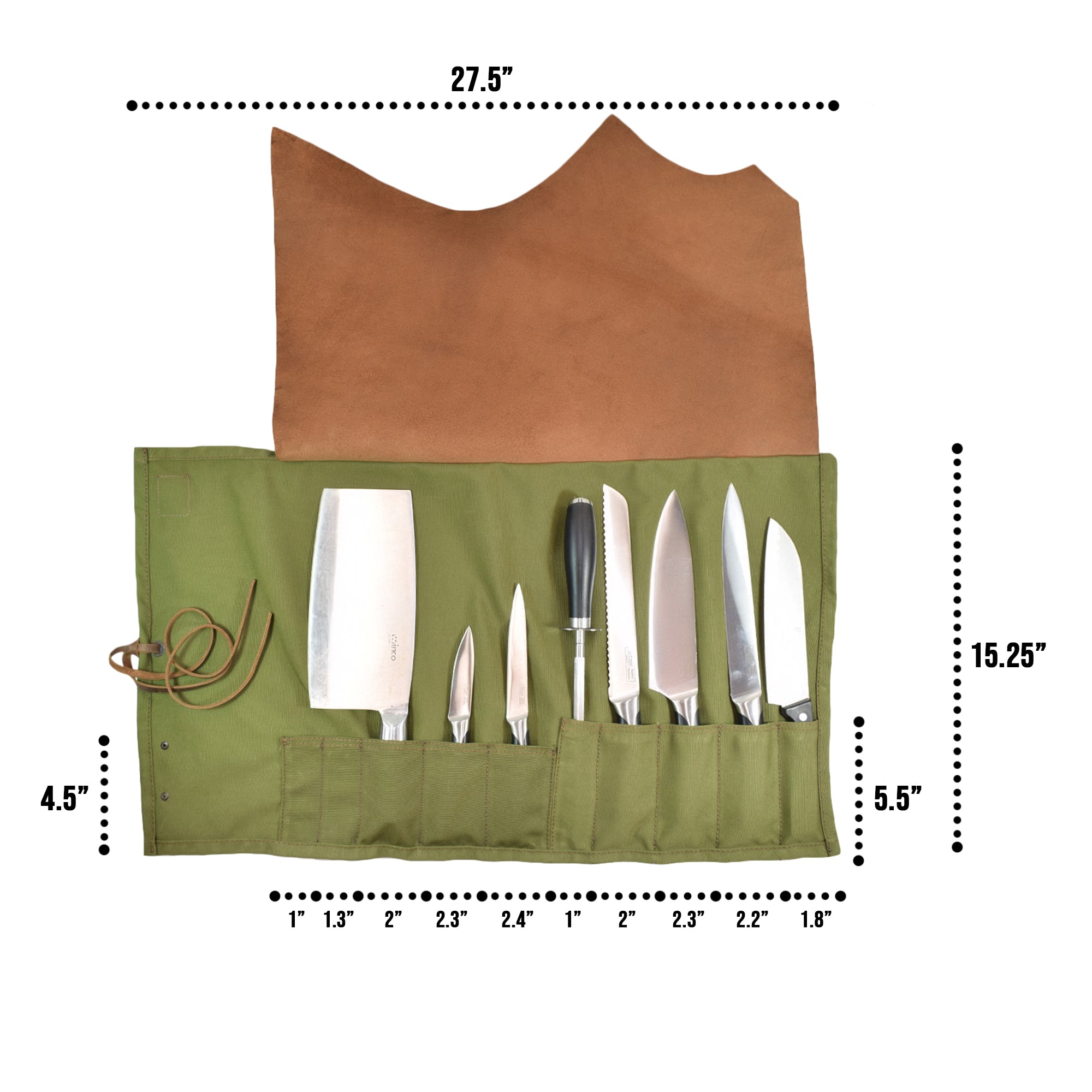 Hide & Drink's Knife Roll (10 Pockets) featuring a detailed layout with all pockets showcased, made from durable water resistant canvas and full grain leather. This artisan travel knife case is tailored for chefs, embodying handmade quality from La Antigua Guatemala & Oaxaca Mexico.