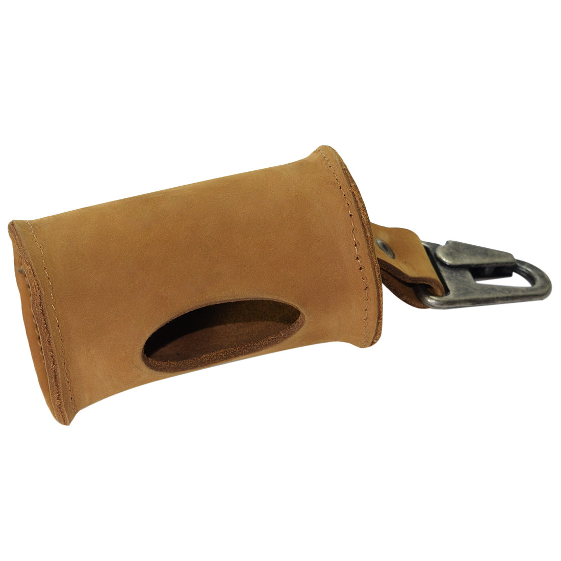 Front view of the tan Doggie Bag Dispenser by Hide & Drink, featuring a thick full grain leather body and brass metal clip for easy attachment. A stylish waste bag holder perfect for dog walkers, artisan crafted in La Antigua Guatemala.