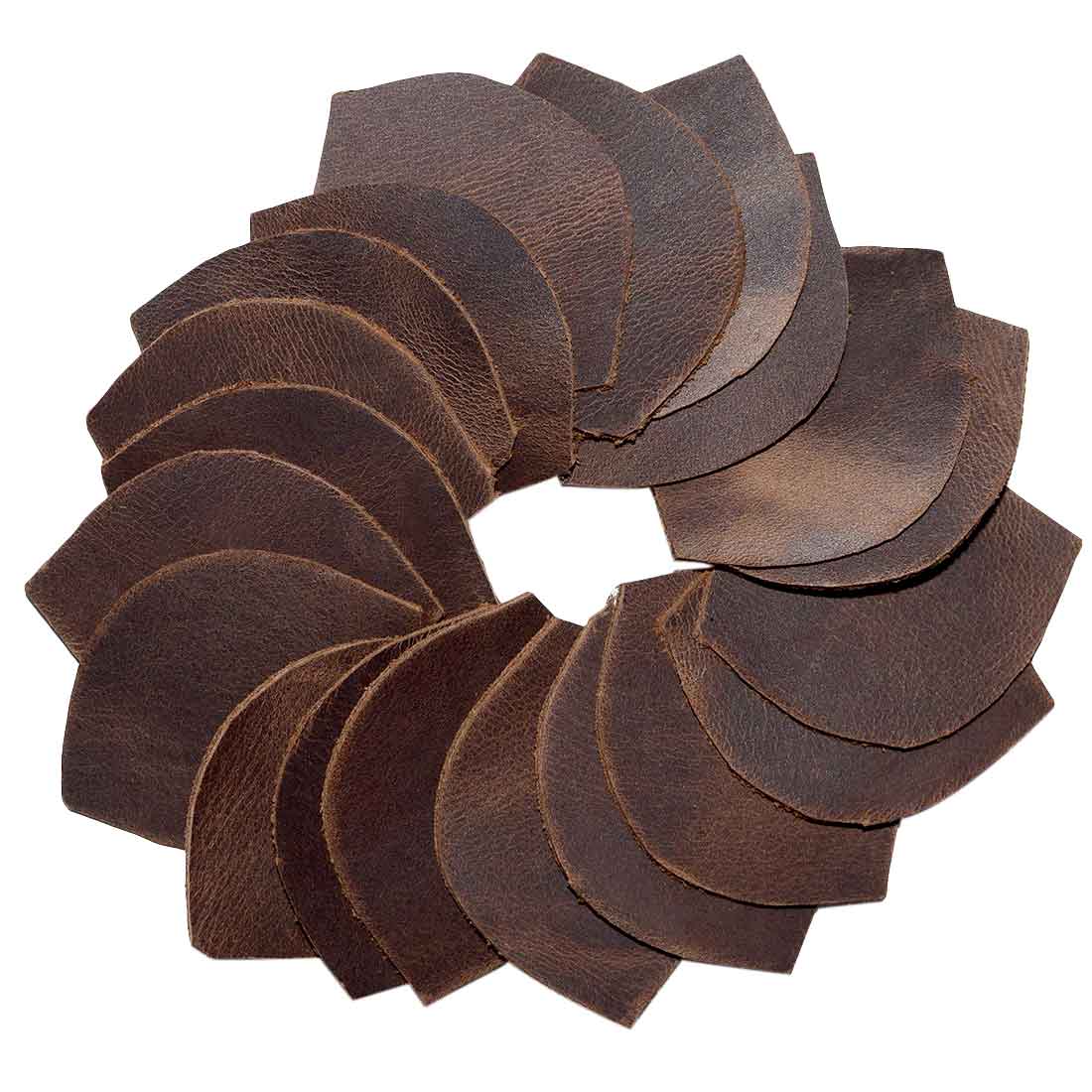 Leather Leaves (Set of 20) by Hide & Drink, featuring hand cut full grain leather pieces measuring 1.5 x 2 inches and 1.8mm thick, ideal for handcrafts, DIY, jewelry, ornaments, and creations. Each piece is part of a small batch production, artisan-made in La Antigua Guatemala and Oaxaca Mexico.