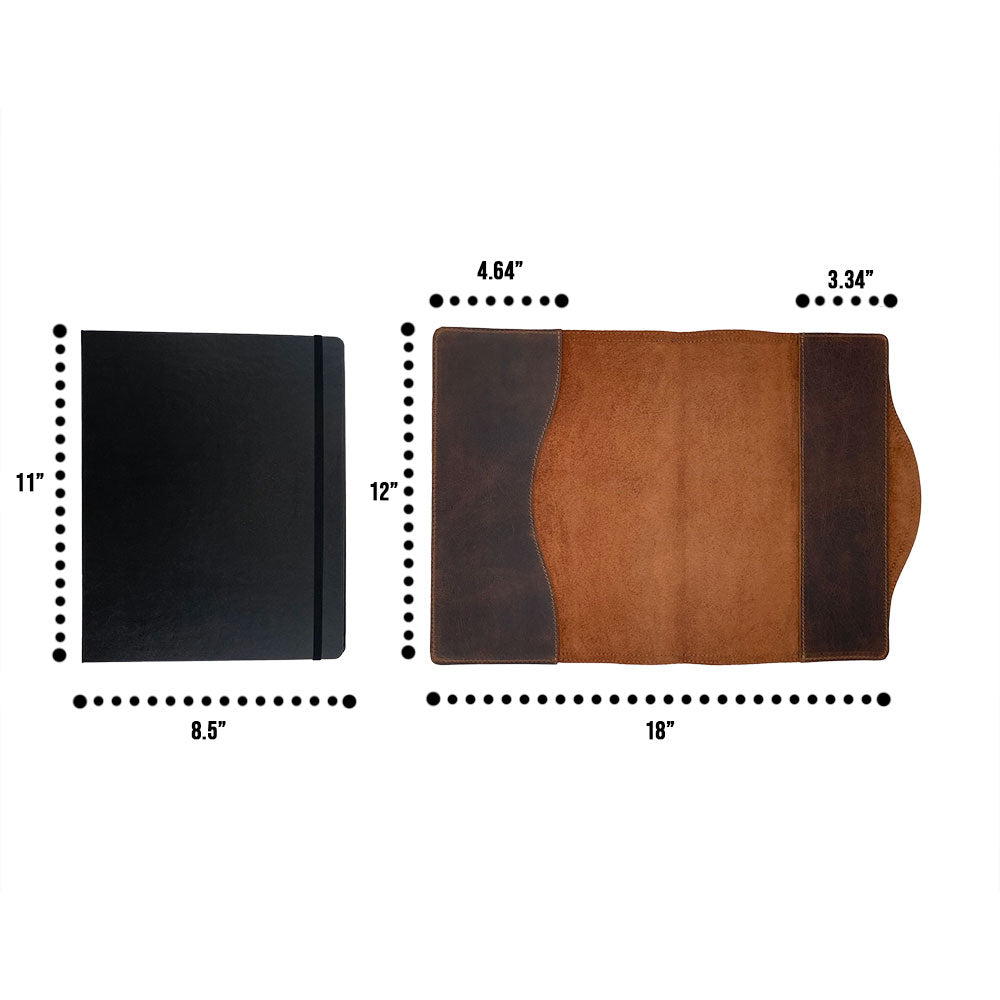 A top-down view of the Hard Cover Notebook Protector (Notebook NOT Included) by Hide & Drink, showcasing its elegant structure and pen. This journal cover fits Moleskine Hard Cover Sketchbook XXL Size (8.5 x 11 in.), Notebook NOT Included, crafted from high-quality Full Grain Leather, embodying StockyardX's dedication to small batch production, hand cut, hand sewn, and fire branded by artisans, handmade in La Antigua Guatemala & Oaxaca Mexico.