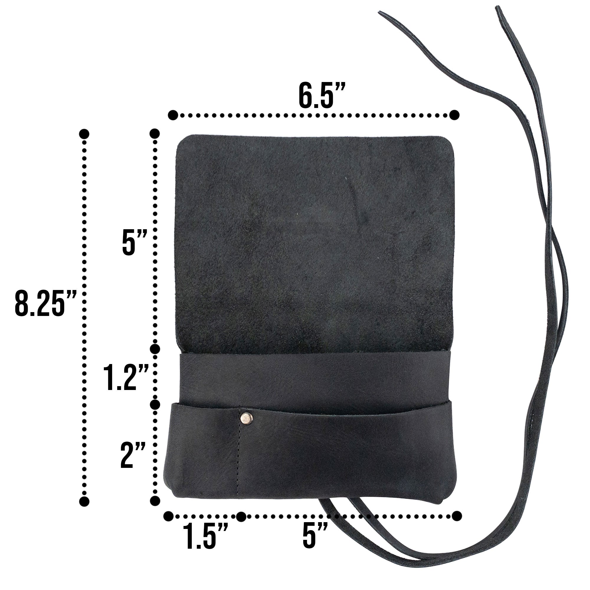 Hide & Drink's King Size Tobacco Pouch showcased with dimensions; a rustic accessory for storing tobacco and field notes, crafted from full grain leather. Experience small batch production with this artisan handmade pouch from La Antigua Guatemala.