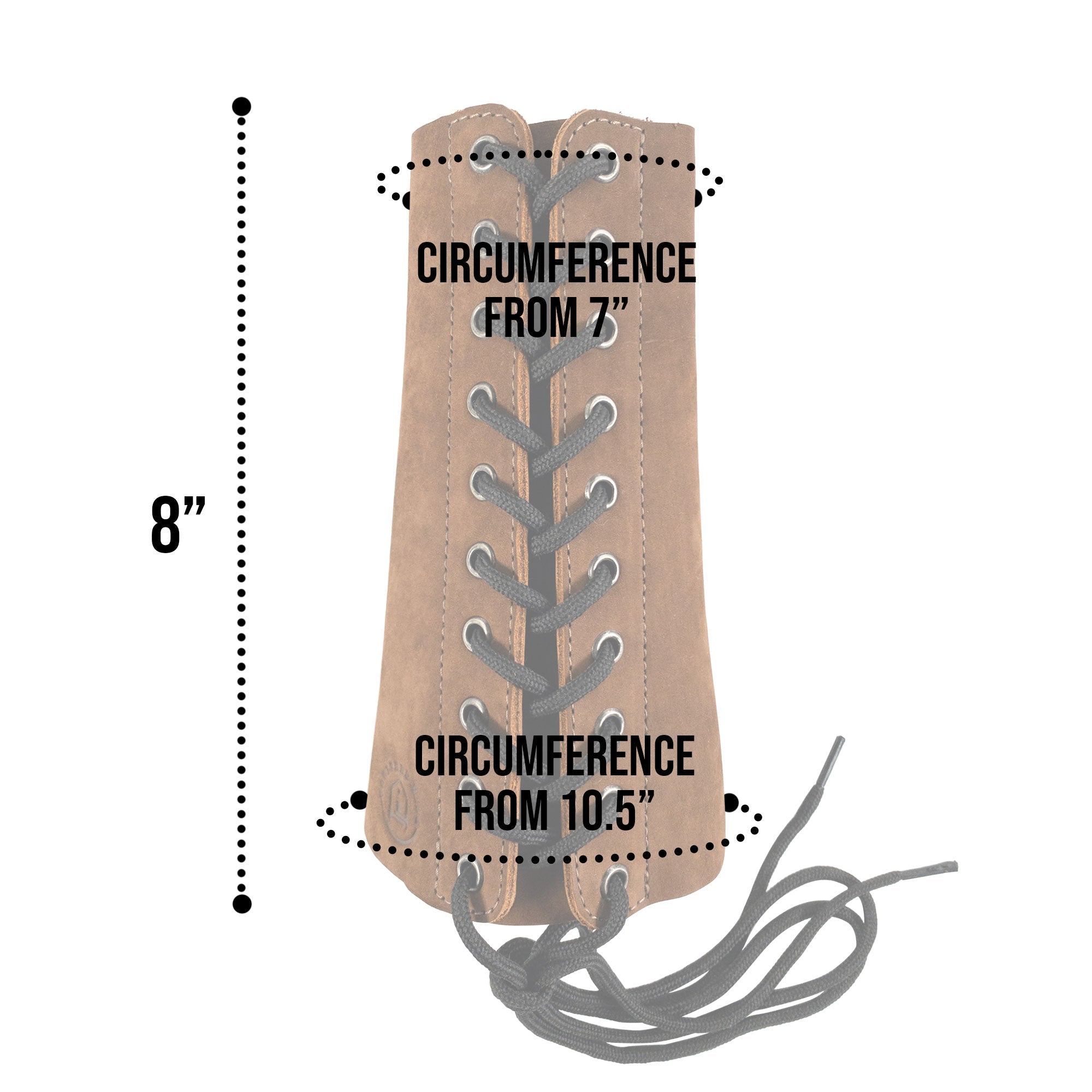 Measurement details of the Blacksmith Forearm Protector by Toolshed Hide, showcasing its dimensions. This protective gear made from full grain leather is hand cut and sewn, embodying artisan quality and heat resistance—an essential for any blacksmith.