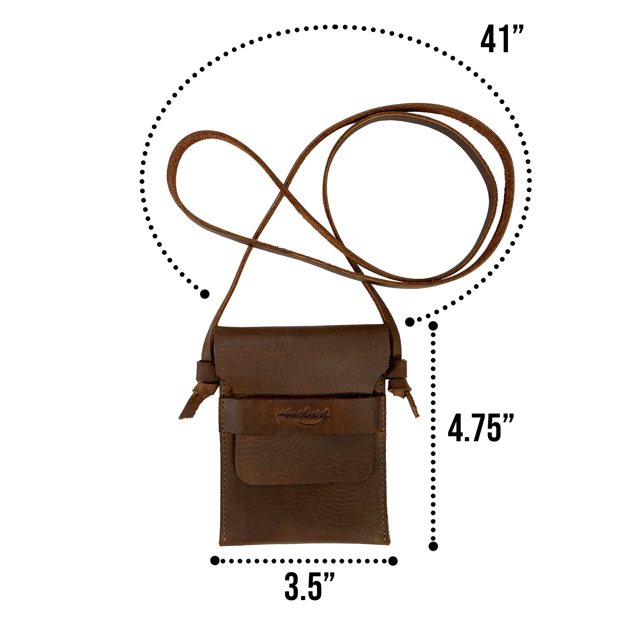 Dimensions of the Mini Travel Bag by Heather's displayed in an informative graphic. This Mini Travel Bag Handmade from Full Grain Leather features a classic design suitable as an organizer, coin pouch, and storage case for ID, credit cards, and cash. StockyardX, Small Batch Production, Hand Cut, Hand Sewn, Fire Branded, Artisan, Handmade in La Antigua Guatemala & Oaxaca Mexico.