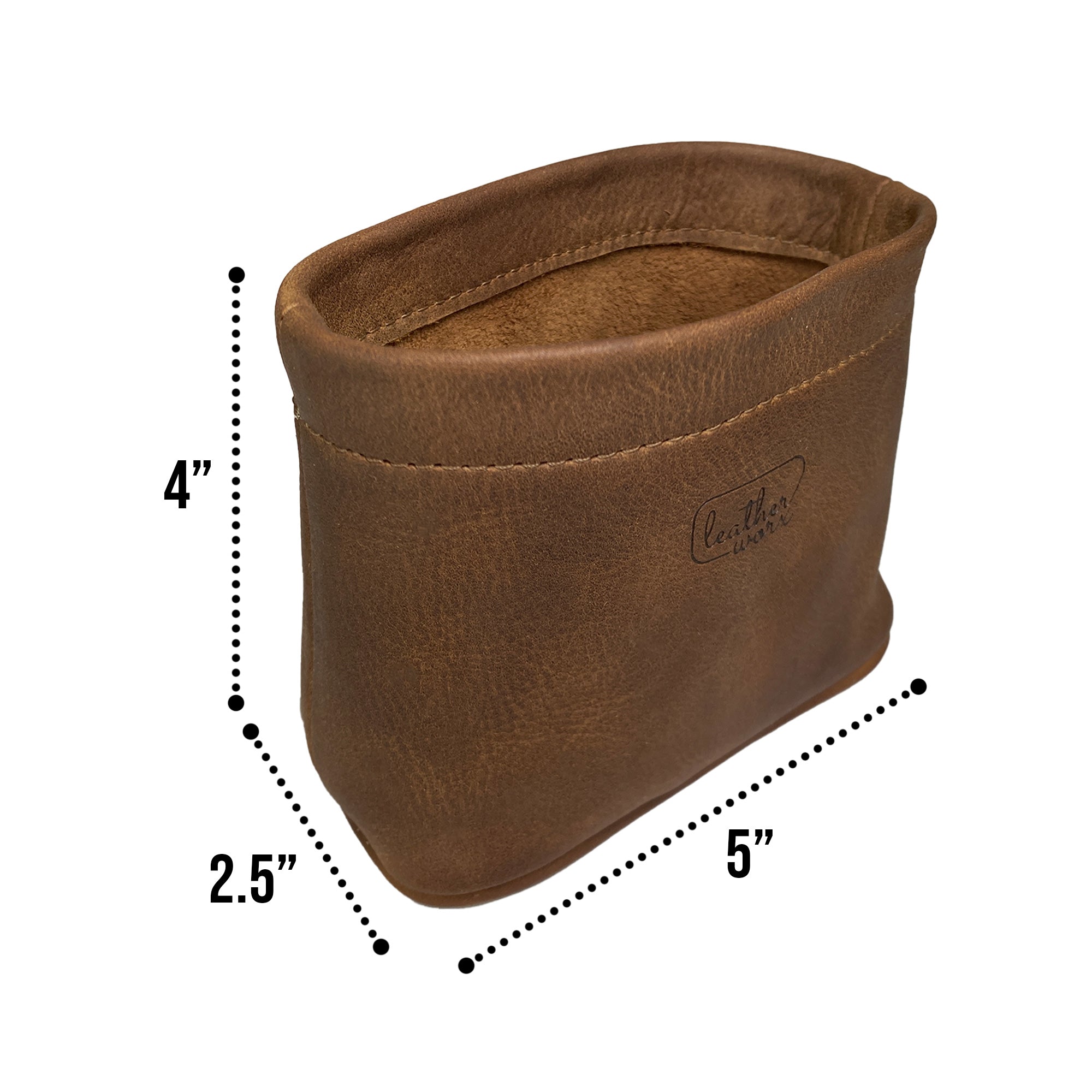 Dimensions of the Leather Worx Desk Organizer Bag marked clearly to emphasize its compact design. This practical Desk Organizer Bag, made from full grain leather, illustrates the artisan's skill in hand cutting and sewing, ensuring quality craftsmanship from La Antigua Guatemala & Oaxaca Mexico.