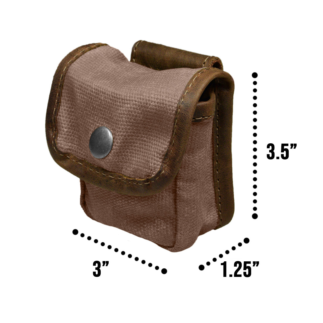 Hide & Drink's Mini Belt Pouch measurements illustrated, showcasing its compact size and practical design. This utility pouch is perfect for outdoor enthusiasts who enjoy camping and hiking, crafted from water-resistant waxed canvas, reflecting the artisanal quality of stockyardX's hand-cut and hand-sewn production in La Antigua Guatemala & Oaxaca Mexico.