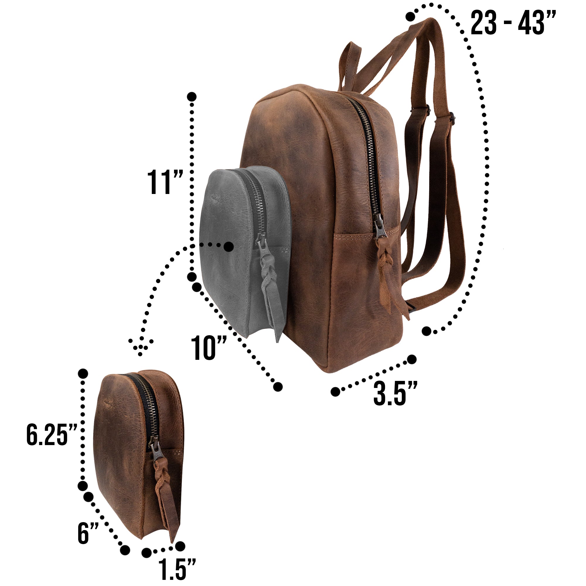Illustration of dimensions for Heather's Minimalist Backpack, emphasizing its practicality and compact design. This full grain leather backpack is tailored for organizing and storing items such as notebooks and a makeup kit, making it great for travel. Handmade in La Antigua Guatemala, it reflects small batch production.