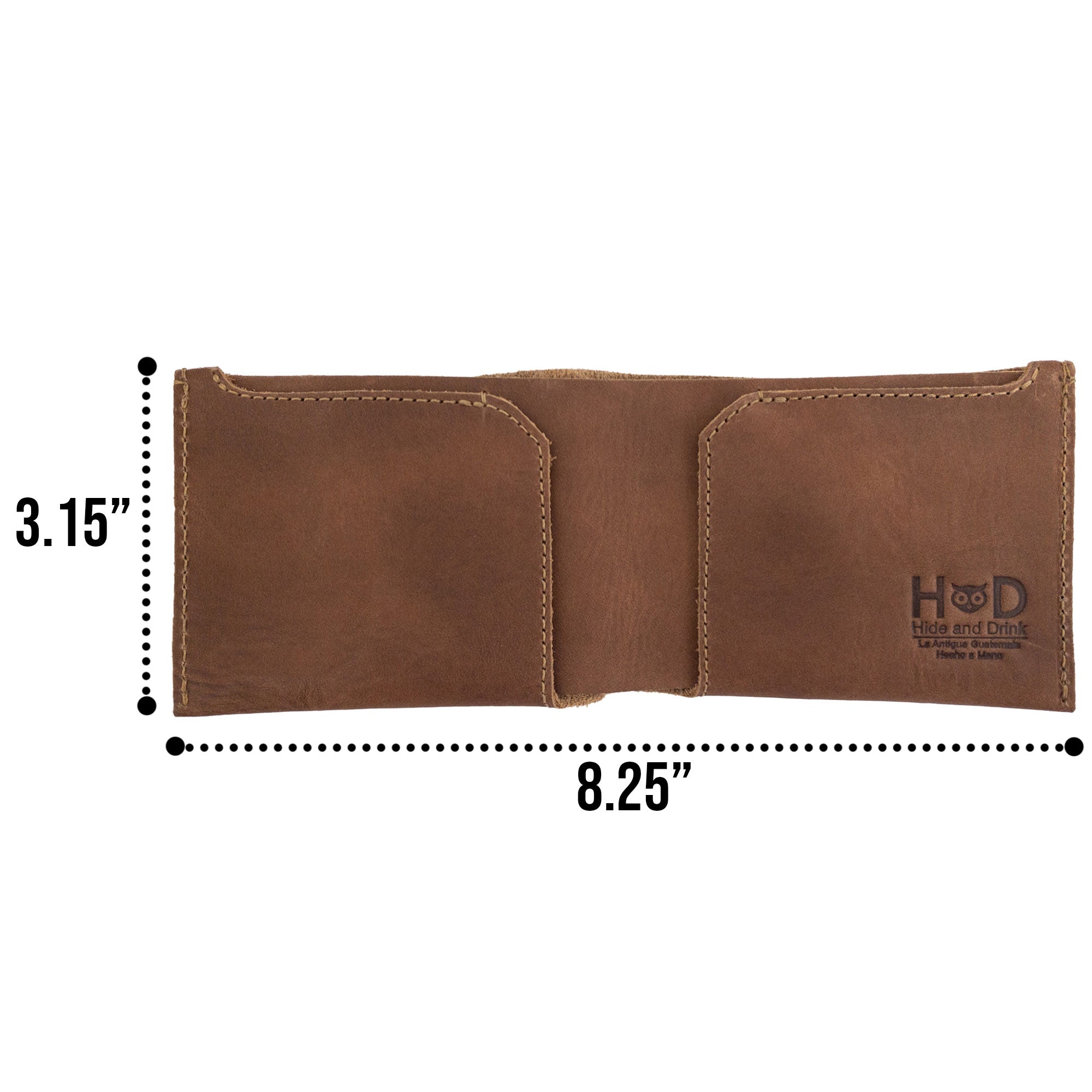 Side view of the brown Hide & Drink Classic Wallet highlighting its compact design and full grain leather finish. Classic Wallet, Card Organizer, Money Holder, Vintage Pocket, Travel Accessories, Full Grain Leather, StockyardX, Small Batch Production, Hand Cut, Hand Sewn, Fire Branded, Artisan, Handmade in La Antigua Guatemala & Oaxaca Mexico.