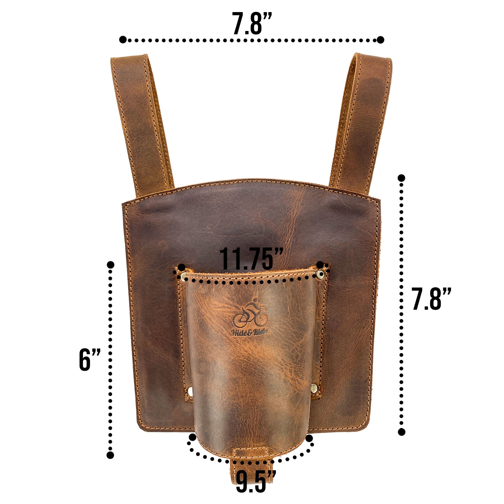 Dimensions of the Bike Handlebar Cup Holder by Hide & Ride highlighted with measurement labels for potential buyers' reference. Bike Handlebar Cup Holder Handmade from Full Grain Leather - Beverage Pouch for Commuters, Minimalist Bikers, Cyclers, Urban Nomad, Full Grain Leather, StockyardX, Small Batch Production, Hand Cut, Hand Sewn, Fire Branded, Artisan, Handmade in La Antigua Guatemala & Oaxaca Mexico.
