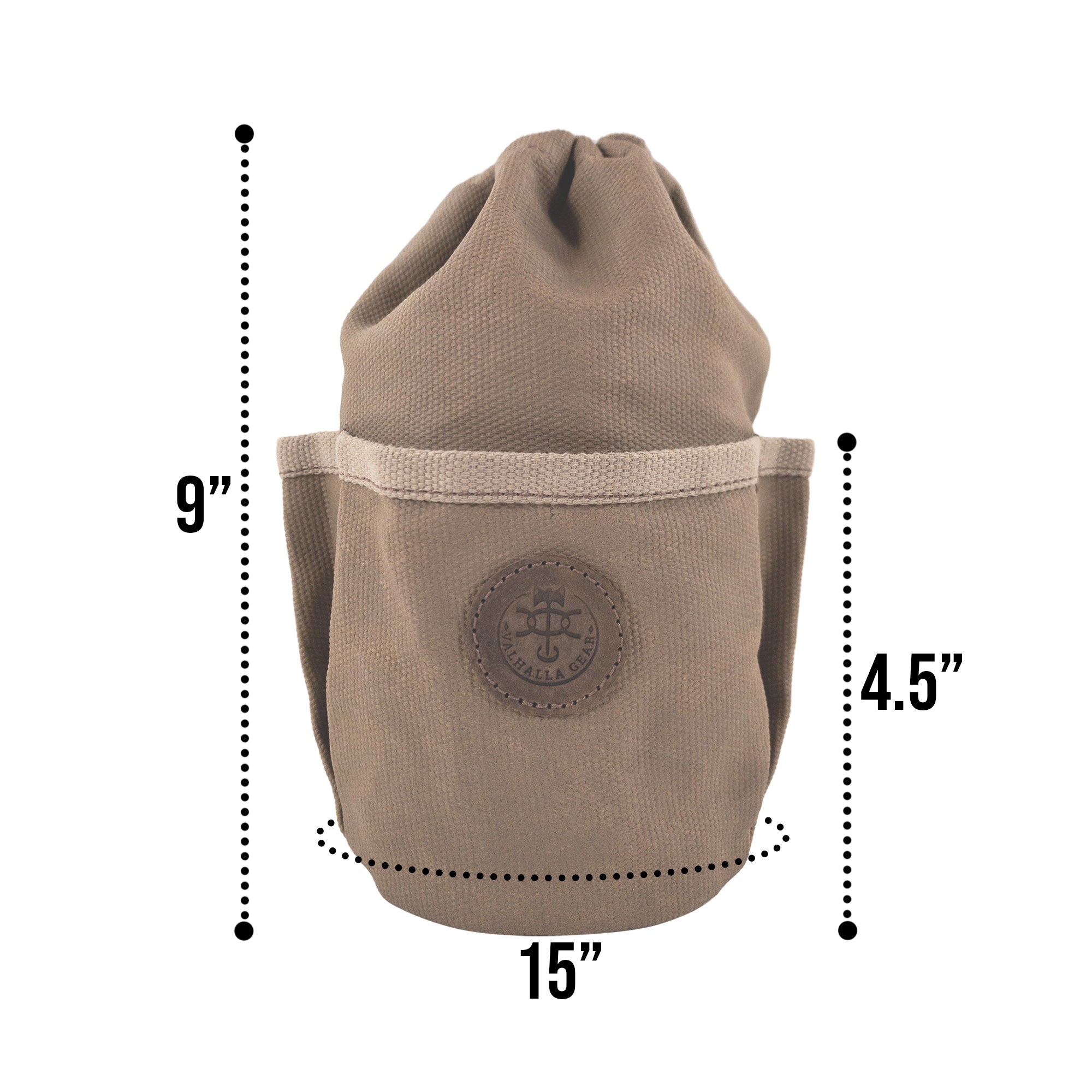 A detailed view of the dimensions of the Valhalla Gear Camping Bag for Water Bottle, showing its handcrafted quality and practical design. Made from waxed canvas and full grain leather, it embodies the artisan spirit from La Antigua Guatemala.