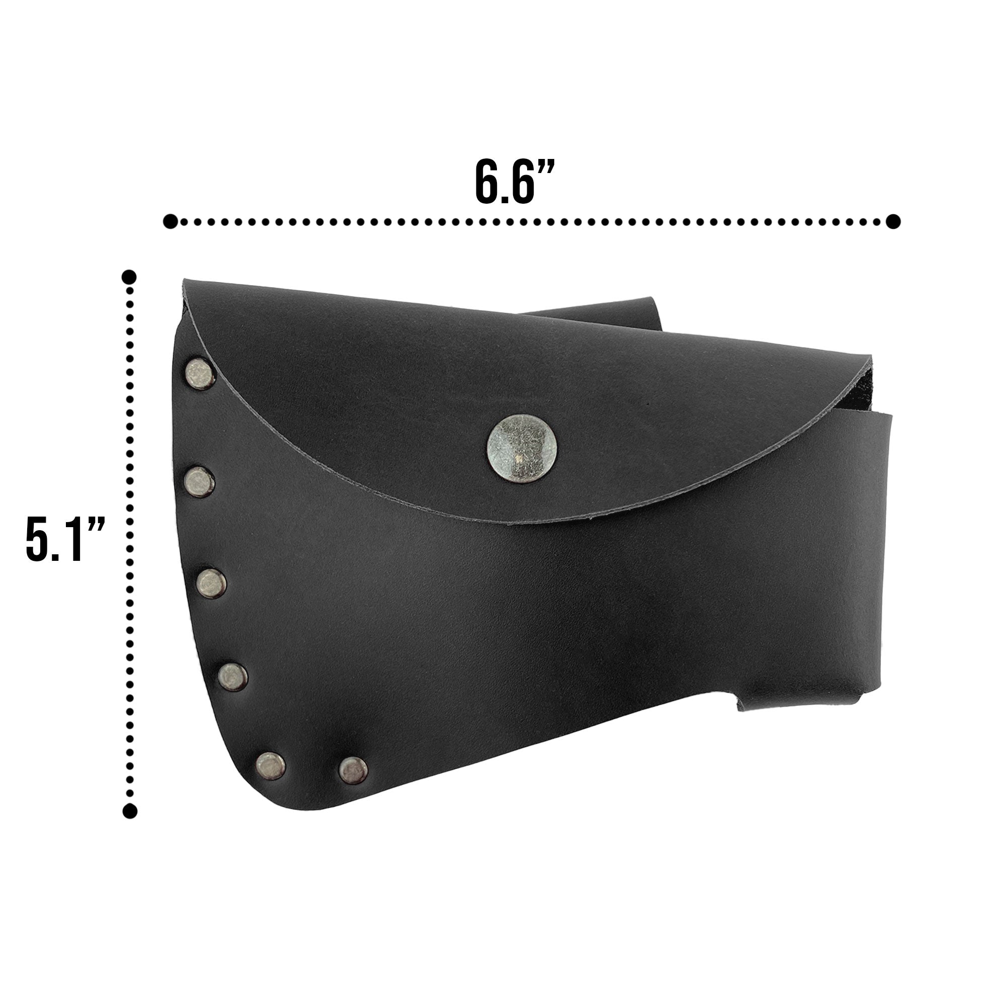 Close-up of the black Axe Head Sheath by Valhalla Gear demonstrating its craftsmanship and high-quality materials, perfect for lumberjack work. Axe Head Sheath - Protector Case Cover, Hatchet Blade Safety Sleeve, Camping Accessory, Lumberjack Outdoors Work Essentials, Full Grain Leather, StockyardX, Small Batch Production, Hand Cut, Hand Sewn, Fire Branded, Artisan, Handmade in La Antigua Guatemala & Oaxaca Mexico.