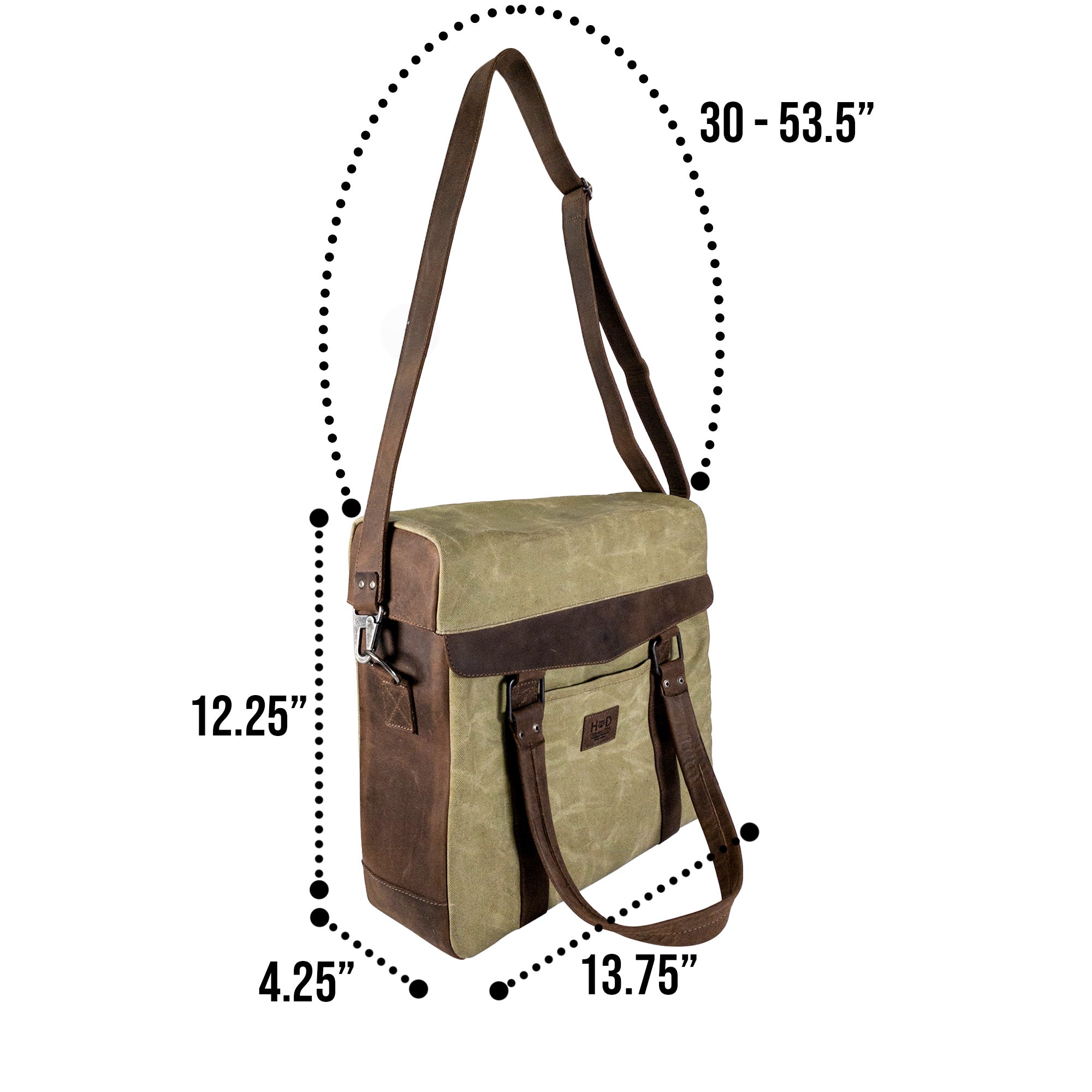 Dimensions of the Vinyl Records Messenger Bag by Hide & Drink are illustrated to highlight its ergonomic design and practical use. This unique bag, handcrafted from waxed canvas and full grain leather, showcases artisan skills from La Antigua Guatemala & Oaxaca Mexico.