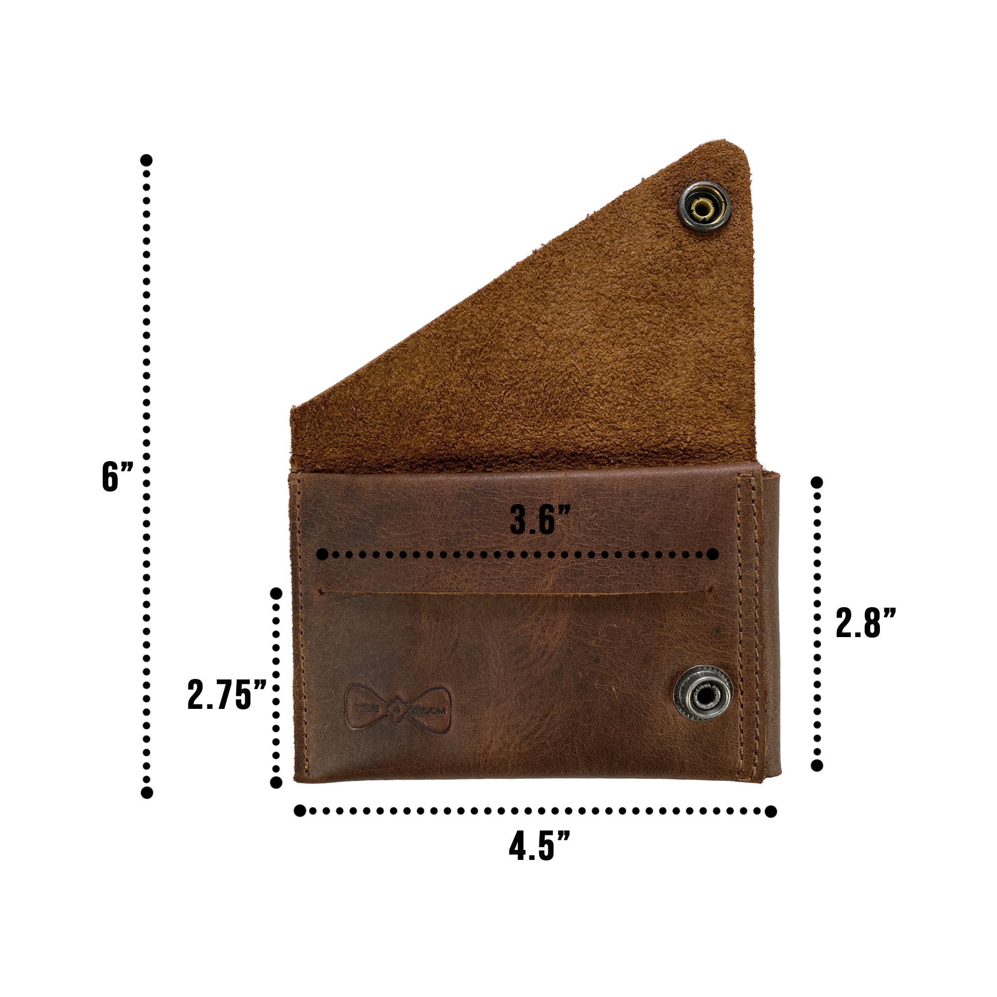 Measurement illustration of the Hide & Groom Minimalist Wallet, detailing its dimensions and unique design features. This wallet, made from full grain leather, represents the artisanal craft of small batch production in La Antigua Guatemala. Minimalist Wallet - Business Card & Money Holder, Stylish Compact Money Organizer, Full Grain Leather, StockyardX, Small Batch Production, Hand Cut, Hand Sewn, Fire Branded, Artisan, Handmade in La Antigua Guatemala & Oaxaca Mexico.