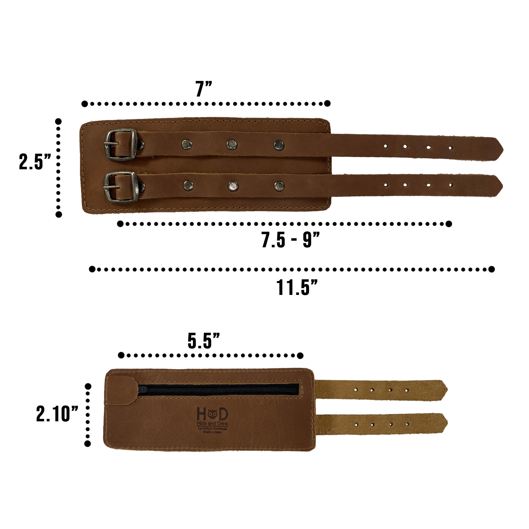 Wrist-Wallet-Cuff by Hide & Drink with dimensions displayed, illustrating the meticulous details of this artisan accessory made from Full Grain Leather, showcasing the hand cut and hand sewn craftsmanship of StockyardX, handmade in La Antigua Guatemala & Oaxaca Mexico.
