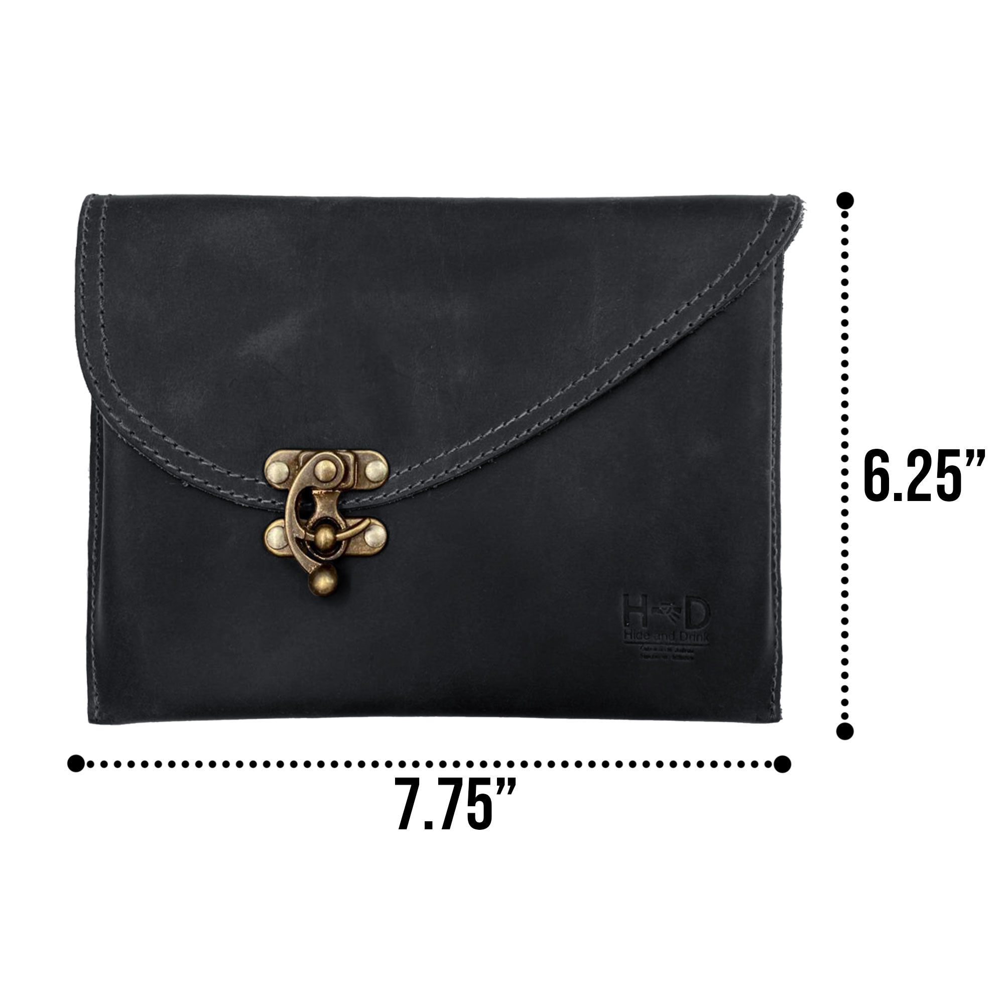 Showcasing the dimensions of the Petite Vintage Clutch Bag by Hide & Drink, this elegant handbag measures 7.75x6.25 inches. Perfect for any occasion, it’s crafted from durable full grain leather by artisans in La Antigua Guatemala & Oaxaca Mexico.