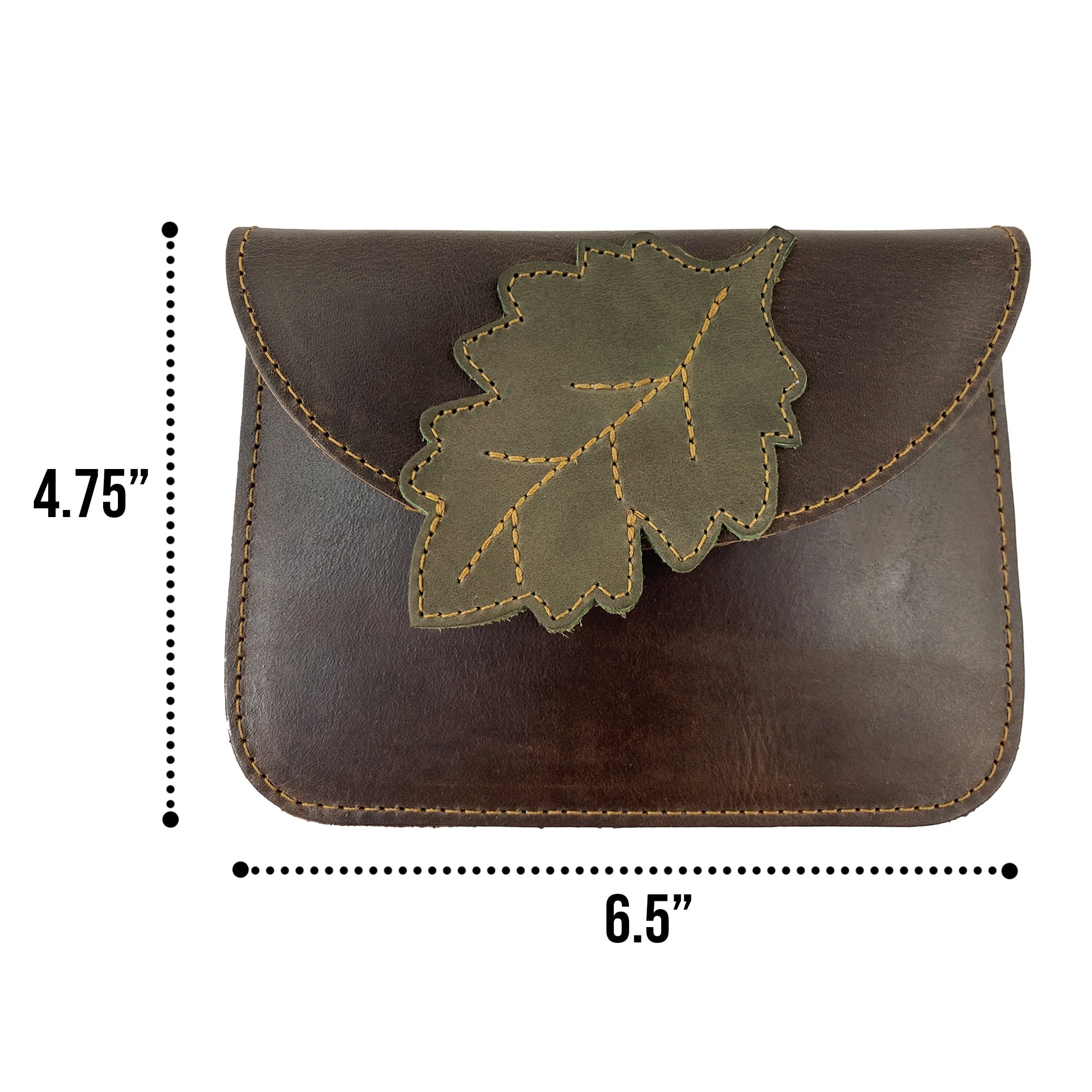 Heather's Leaf Card Wallet with dimensions labeled, showcasing its compact size and versatile design. This Leaf Card Wallet is an excellent choice for a soft coin & cash organizer, cable holder, or phone & accessories case, made from durable full grain leather through small batch artisan production.