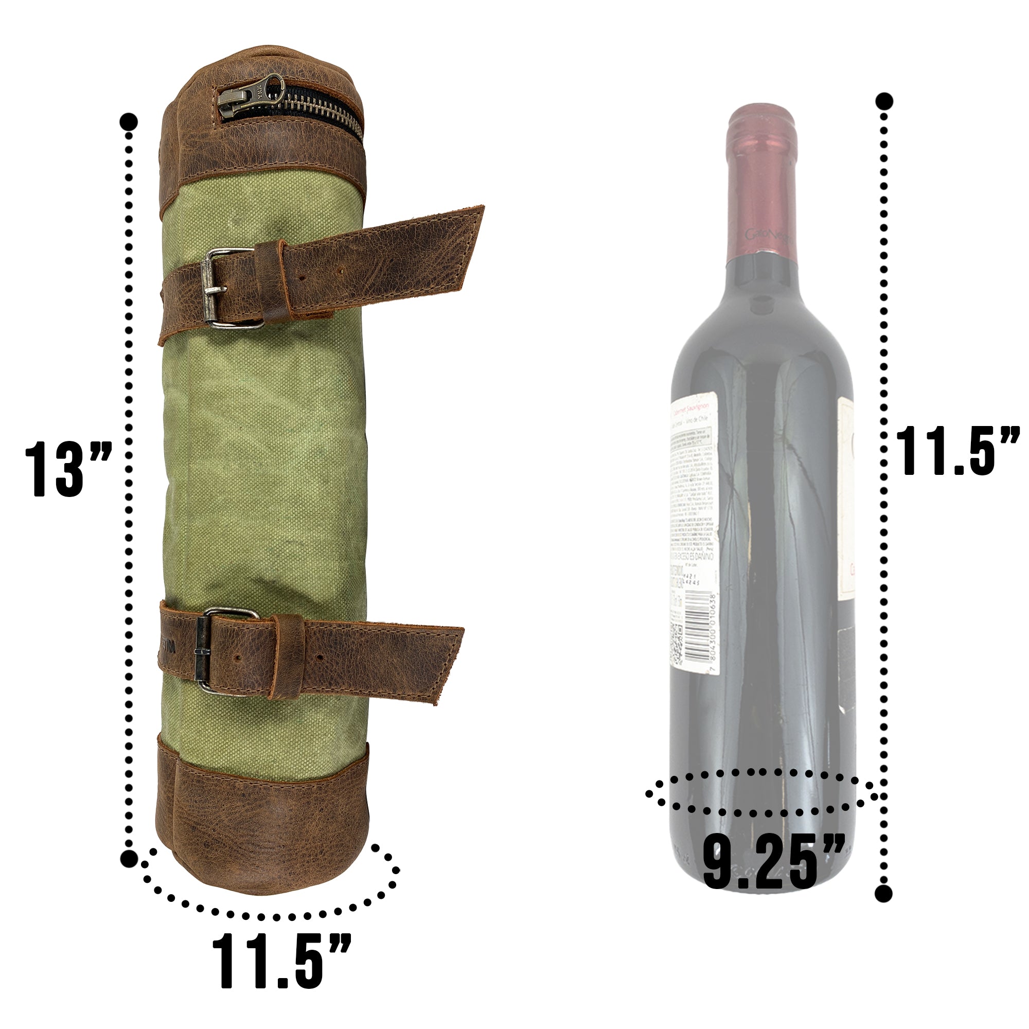 Dimensions of the Bicycle Tube from Hide & Drink displayed alongside a wine bottle, illustrating its perfect sizing for drinks. This Bike Pack Tube is essential for any cycling adventure, emphasizing hand-crafted quality and small batch production from La Antigua Guatemala and Oaxaca Mexico.