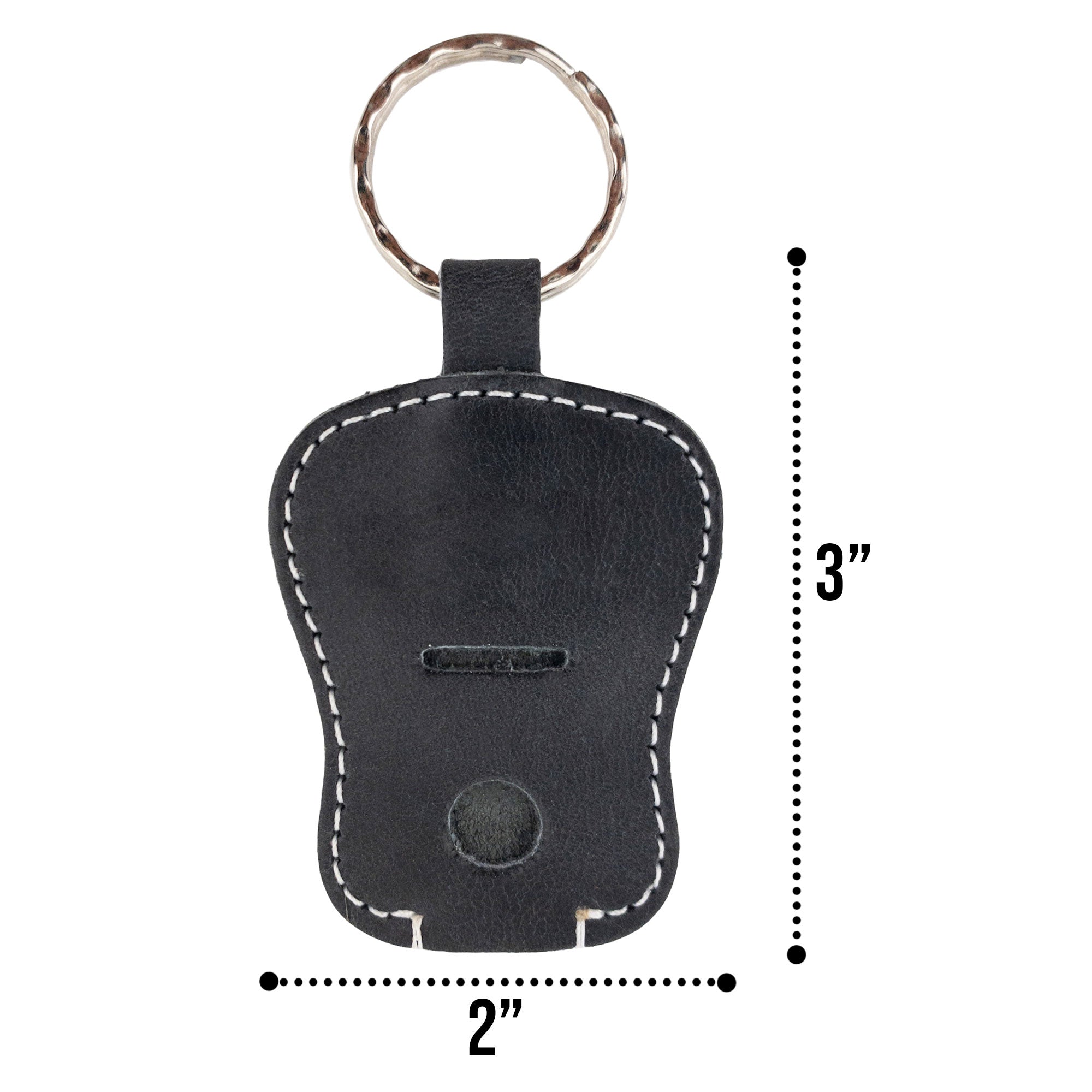 Guitar Keychain by Hide & Drink showcasing its dimensions, perfect for easy carrying. Handmade from durable Full Grain Leather, this key holder reflects artisan craftsmanship in small batch production from La Antigua Guatemala & Oaxaca Mexico.