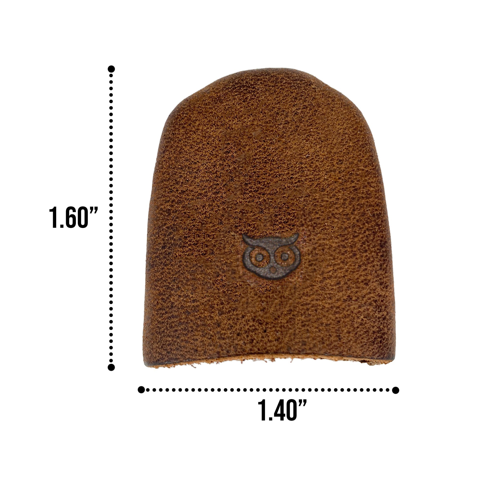 Leather Thimble by Hide & Drink, highlighting a close-up of a single Leather Thimble, demonstrating its dimensions of 1.60” in length and 1.40” in width. This Finger Protector is perfect for sewing projects including Hand Applique & EPP and Quilting Embroidery. Made from fine Full Grain Leather with excellent Hand Cut and Hand Sewn craftsmanship, Fire Branded, artisanal quality from La Antigua Guatemala & Oaxaca Mexico.