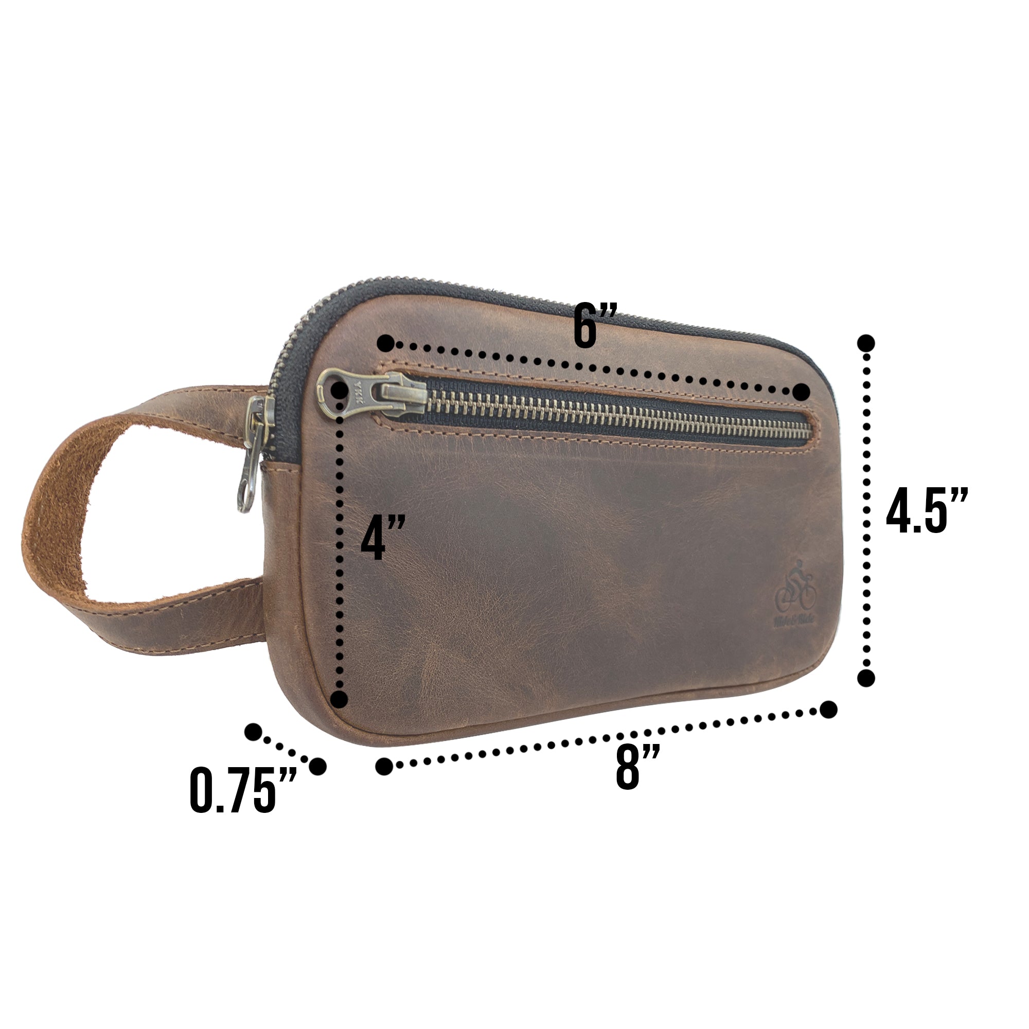 Dimensions of the Hide & Ride Cycling Phone Bag represented with a detailed graphic showcasing its size. This utility bag is crafted from durable full grain leather, ideal for small tools and personal items, handmade in La Antigua Guatemala.