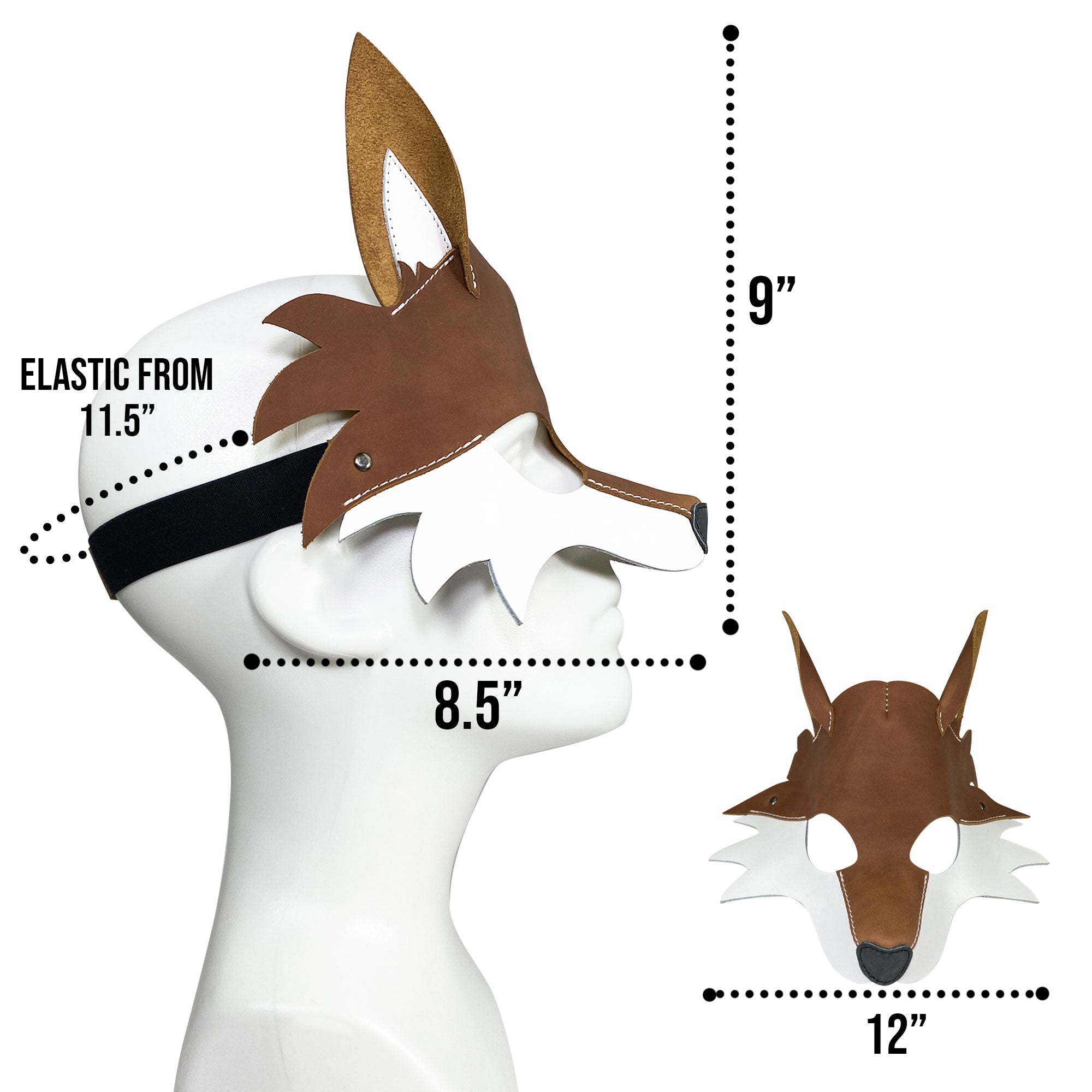 Comparison of Fox Mask dimensions alongside a mannequin, emphasizing its handmade quality. Crafted from full grain leather, this mask is great for concerts and performances, made by Hide & Play in La Antigua Guatemala and Oaxaca Mexico.