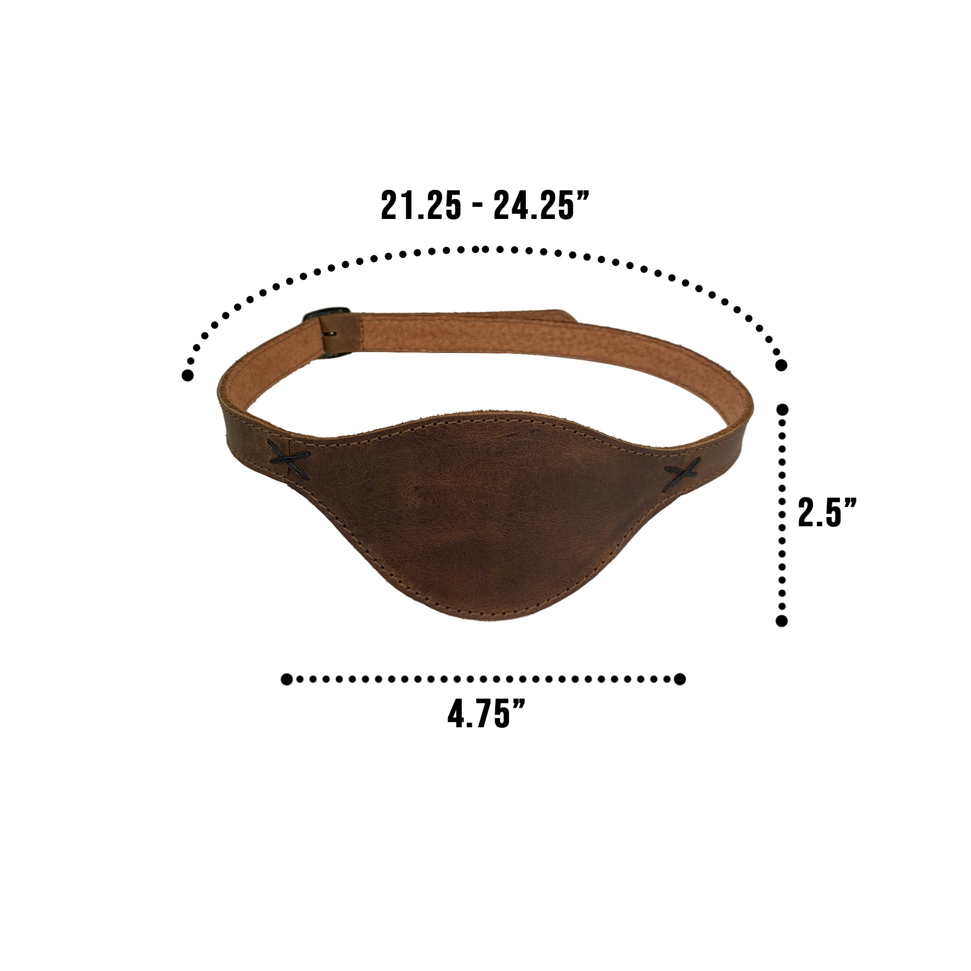 Measurements of the Pirate Eye Patch by Hide & Play, made with durable full grain leather, great for cosplay, Halloween, performances, and shows. This StockyardX product features artisan craftsmanship with hand cut and hand sewn quality from La Antigua Guatemala.