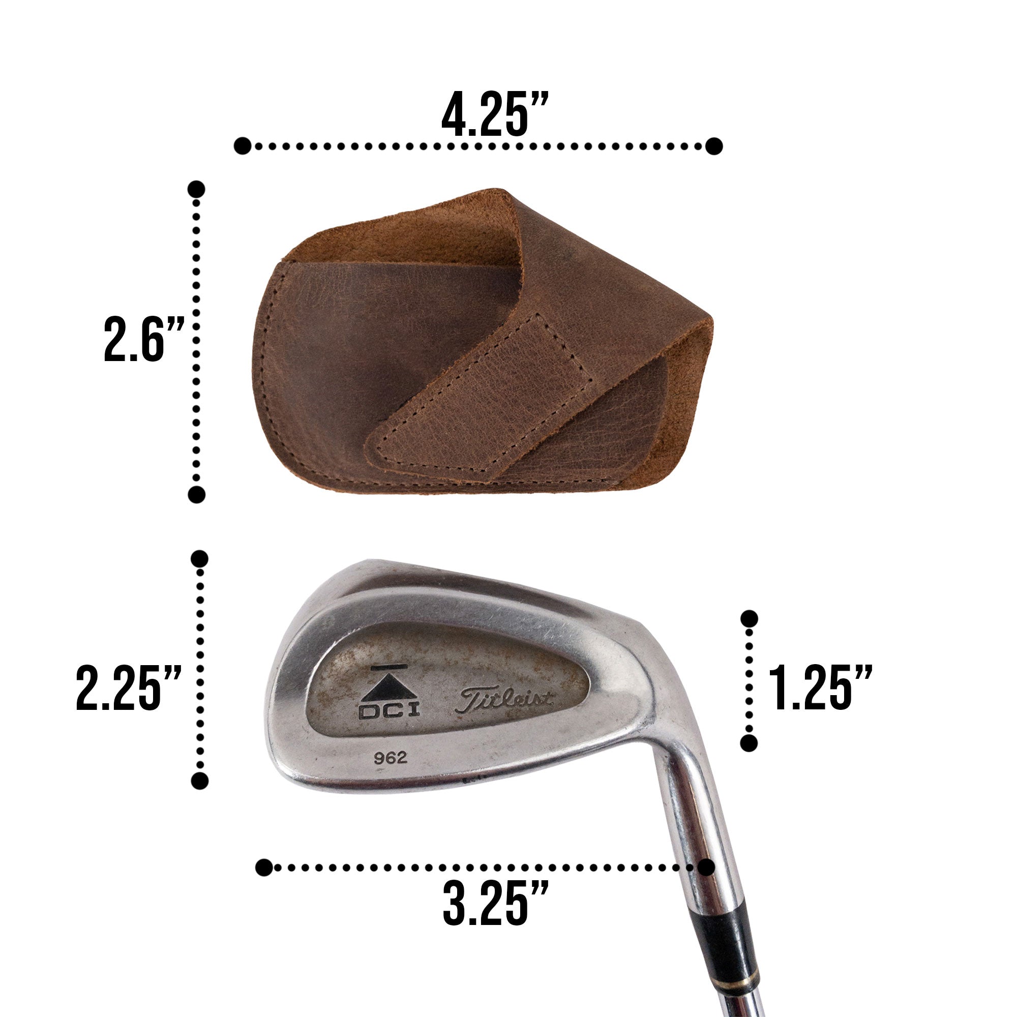 Dimensions of Hide & Drink Golf Club Cover displayed with a Titleist golf iron, emphasizing its suitability as a durable iron head protector. Made from full grain leather, this compact and exquisite accessory is hand cut and sewn in La Antigua Guatemala. Perfect for golfers seeking a stylish, artisan headcover for outdoor use.