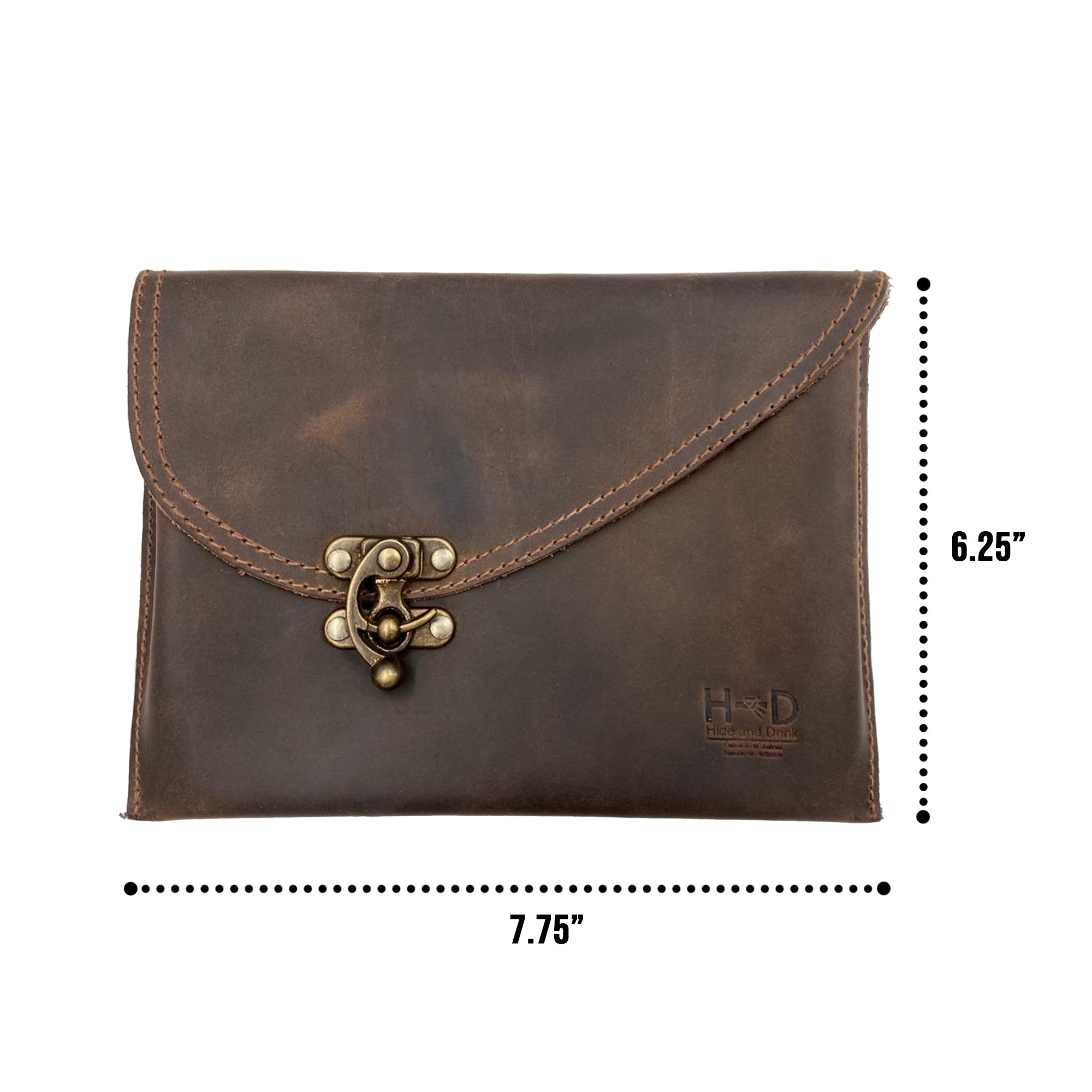 Dimensions and features of the Petite Vintage Clutch Bag by Hide & Drink are highlighted, showcasing its compact size of 7.75x6.25 inches, making it the perfect evening bag. This stylish accessory, crafted from full grain leather, is handmade in La Antigua Guatemala & Oaxaca Mexico.