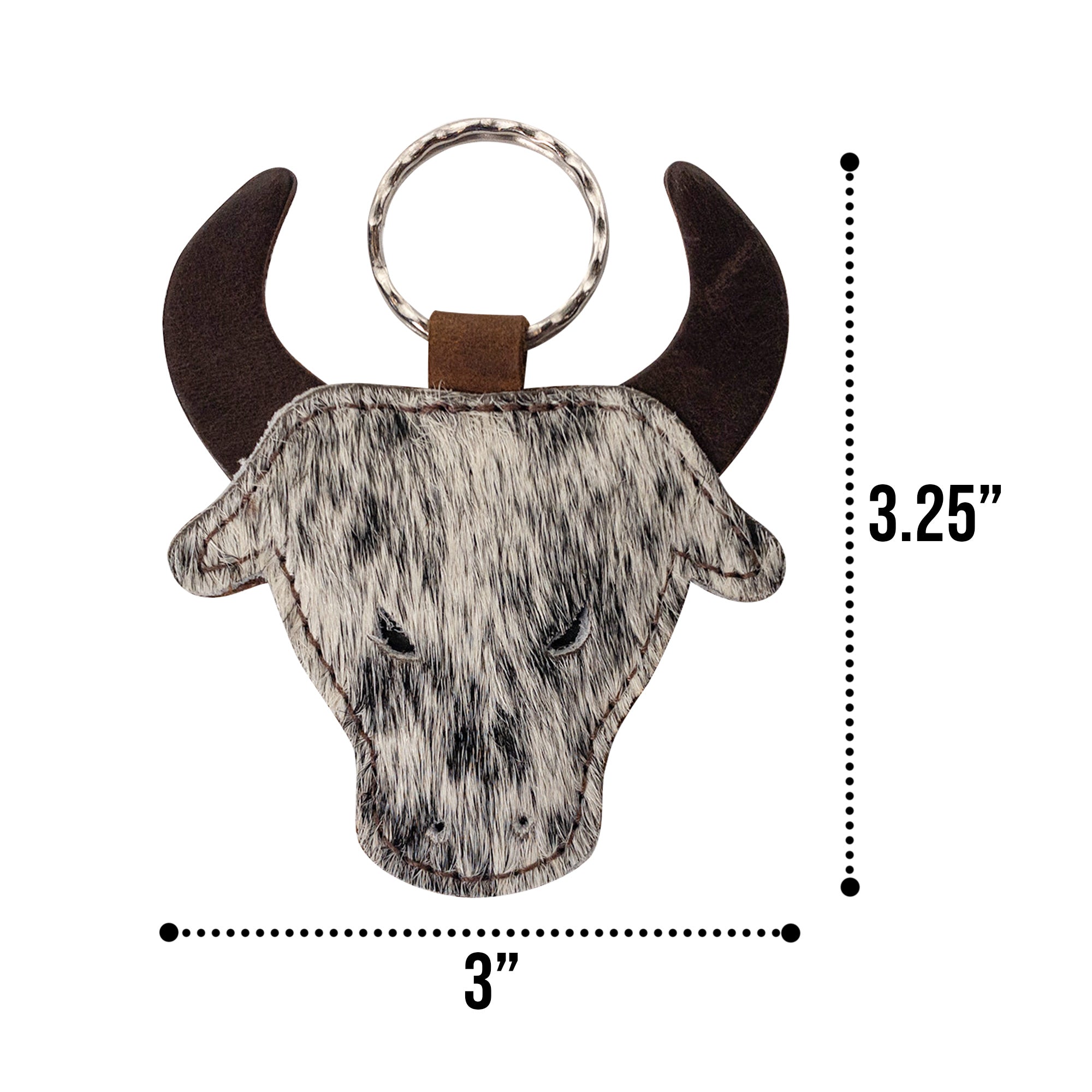 Dimensions of Cowboy Bull Head Keychain by Western Leather Works displayed with measurements. This keyring holder is stylish and functional, making it a great accessory for cowboys and cowgirls, constructed through small batch production, hand cut, hand sewn, fire branded, and artisan methods in La Antigua Guatemala & Oaxaca Mexico.