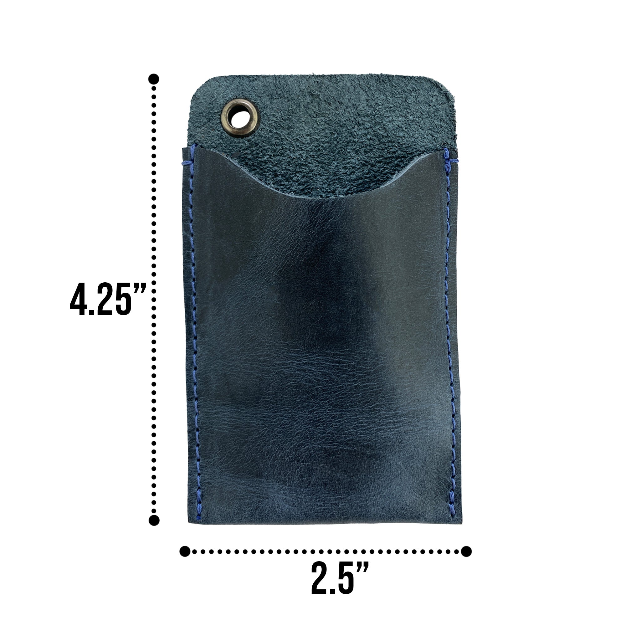 Hide & Drink's Multitool Pocket Sleeve EDC, displaying its blue leather design along with a business card. This product reflects artisan quality and small batch production, demonstrating the best practices of skilled craftsmen from La Antigua Guatemala.