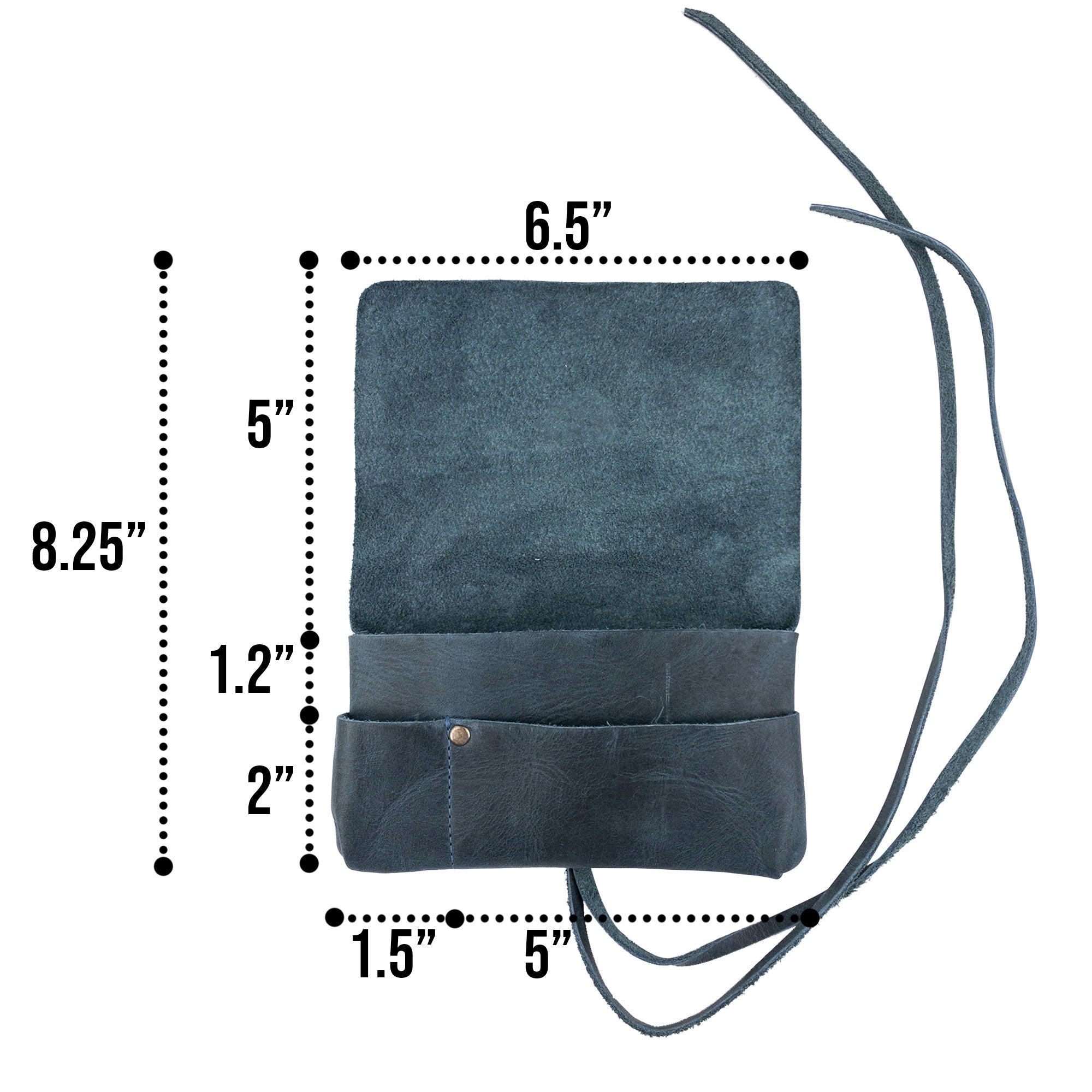 Dimensions of Hide & Drink's King Size Tobacco Pouch displayed clearly; a rustic solution for organized field notes and tobacco, showcasing high-quality full grain leather and handmade artistry.