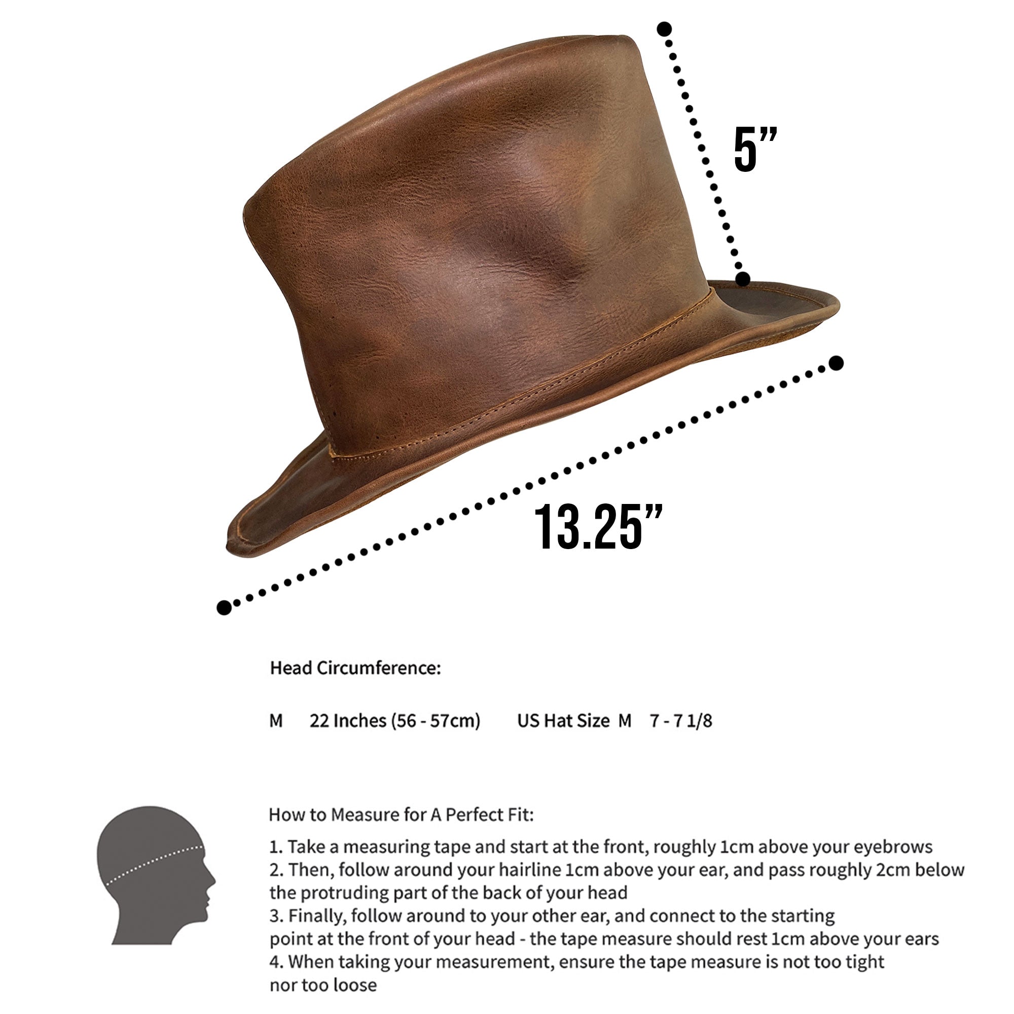 The interior measurements of a Hide & Play Top Hat, displaying its meticulous design and craftsmanship. This Mad Hatter Top Hat is perfect for cosplay, Halloween, performances, films, and shows. Made from full grain leather, it features small batch production, hand cut, hand sewn details, and is fire branded with artisan quality from La Antigua Guatemala and Oaxaca Mexico.