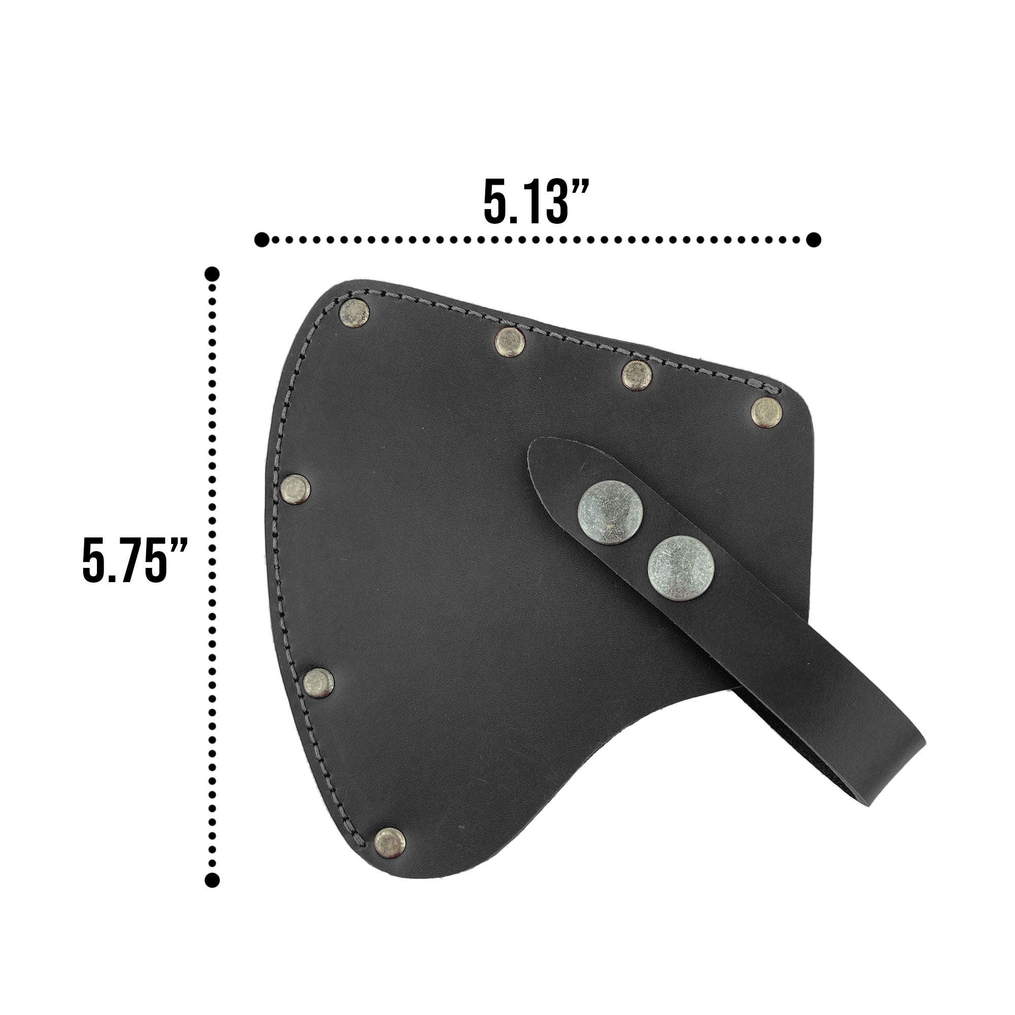 An artistic view of the black Valhalla Gear Camper Axe Head Sheath showing its full grain leather quality and secure construction. This handmade protector case is perfect for protecting hatchet blades, making a versatile camping accessory for avid outdoor enthusiasts and lumberjack essentials.