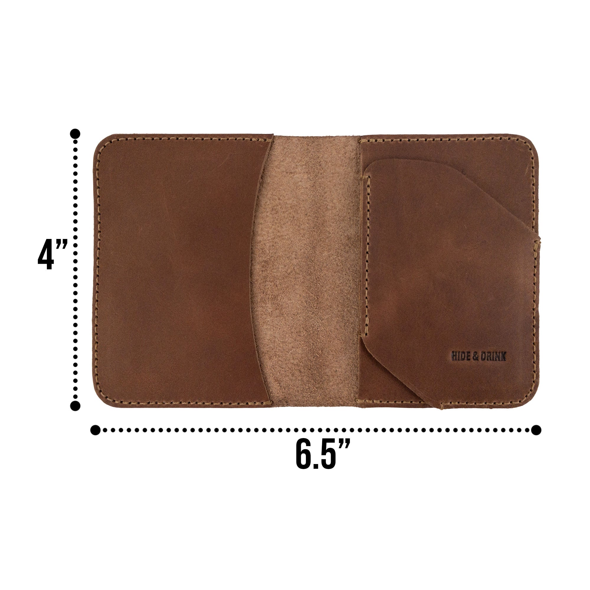 Open view of the Bi-Fold Card Wallet Diagonal by Hide & Drink in brown, highlighting its premium leather and organization features for cards and bills.